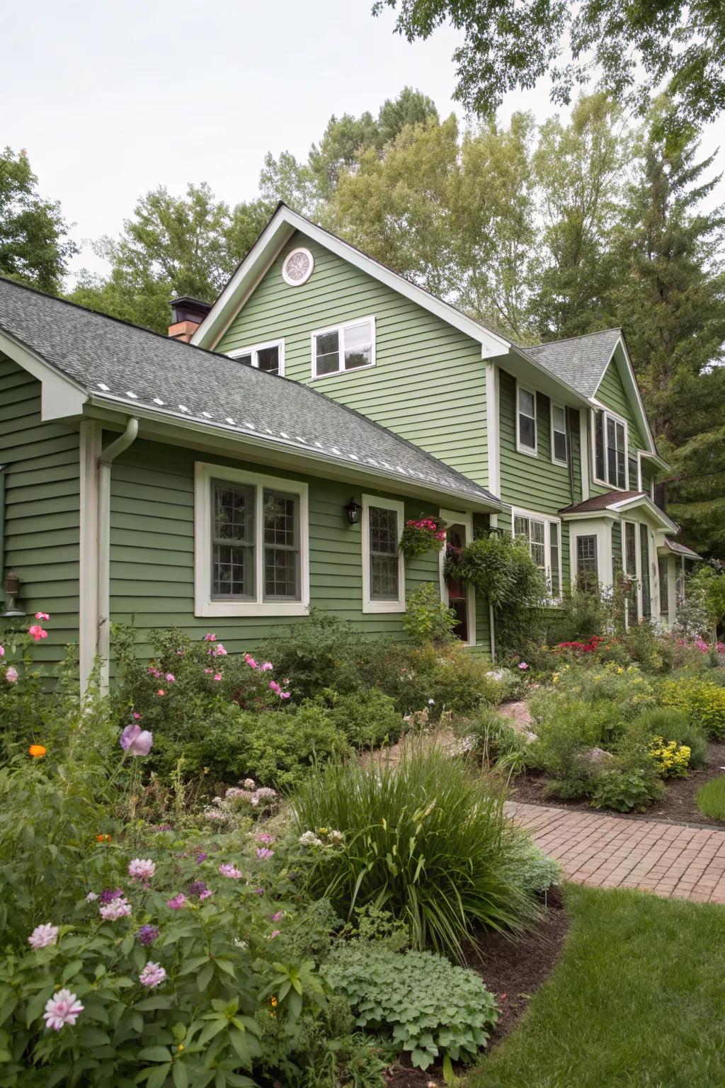 A ranch home with garden-green vinyl siding, harmonizing with its lush environment.