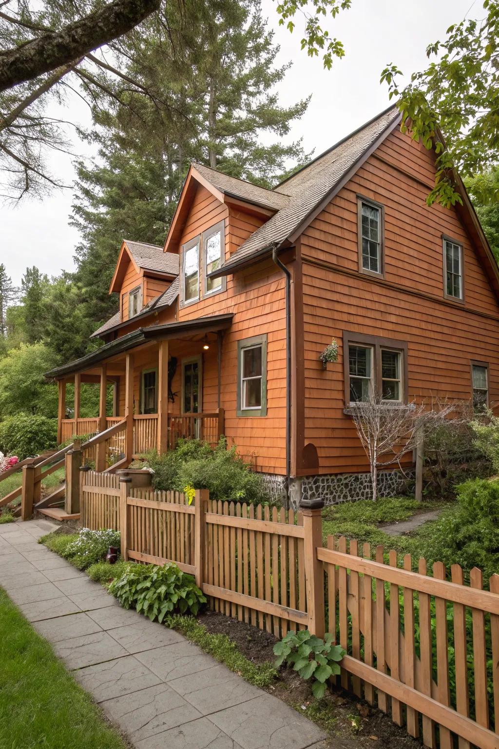 Terracotta orange adds rustic charm.