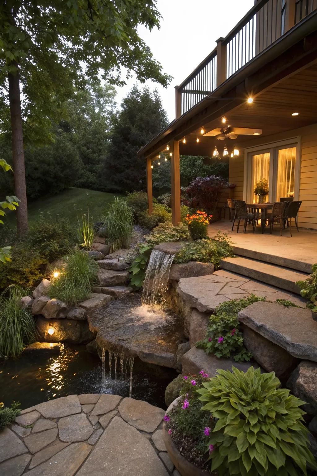 A water feature adds soothing sounds and tranquility to a walkout basement patio.