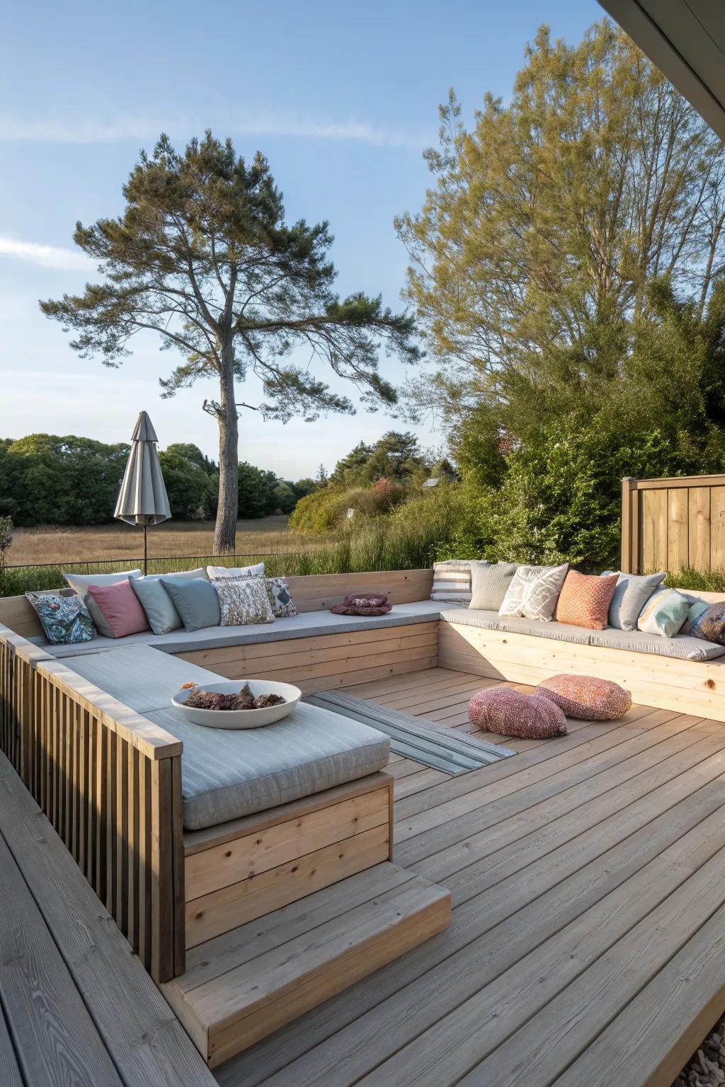 A deck with a sunken seating area and plush cushions.