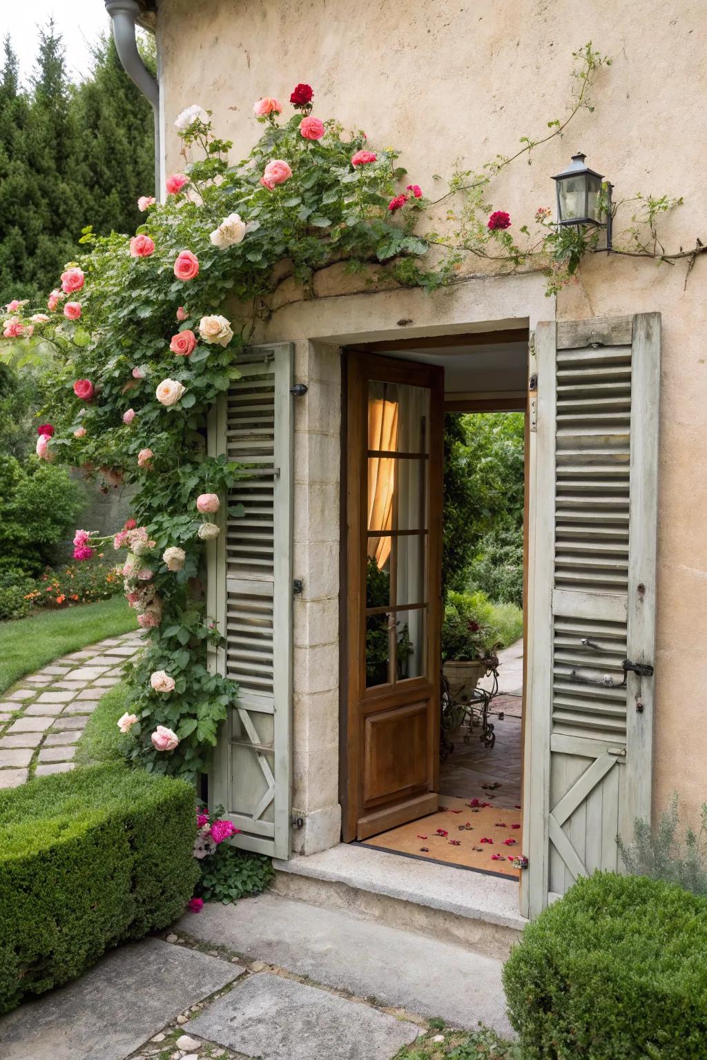 Cottage style brings a touch of romance and charm to the basement entrance.