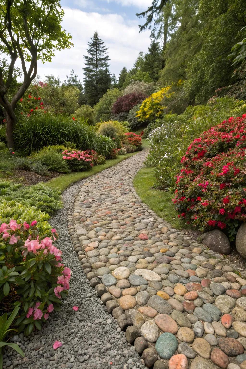 A lively gravel path with colorful stones.
