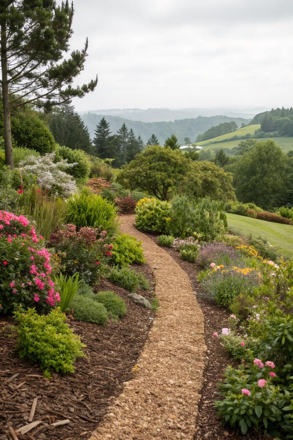 Mulch paths offer a soft, natural look that blends with the landscape.