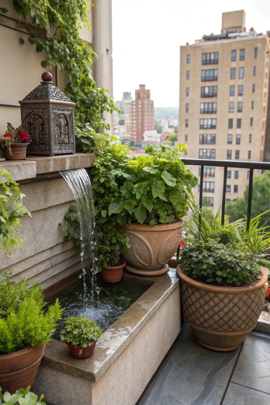 An urban balcony transformed by a small wall fountain.