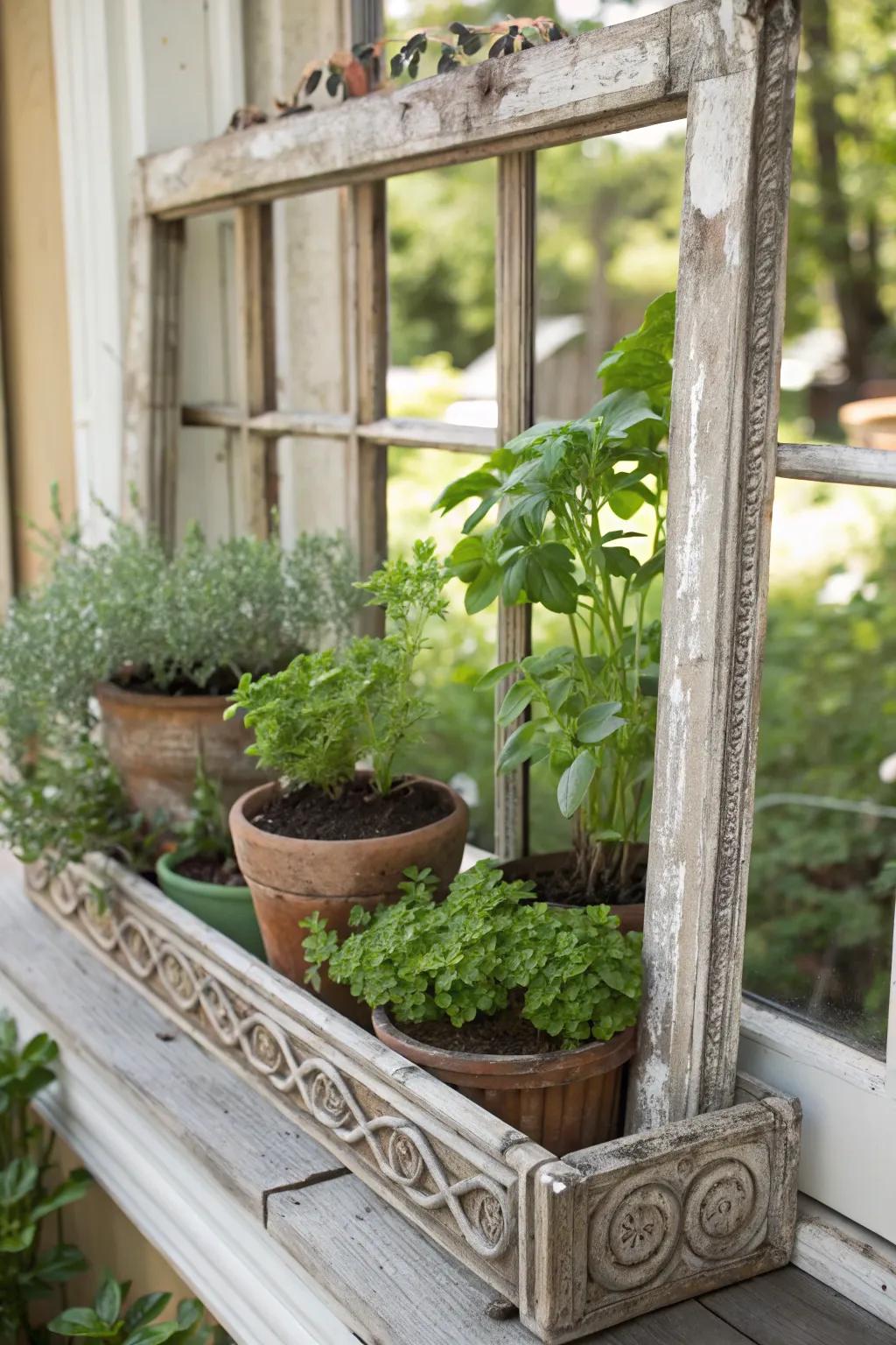 A window frame herb garden adds vintage charm to any space.