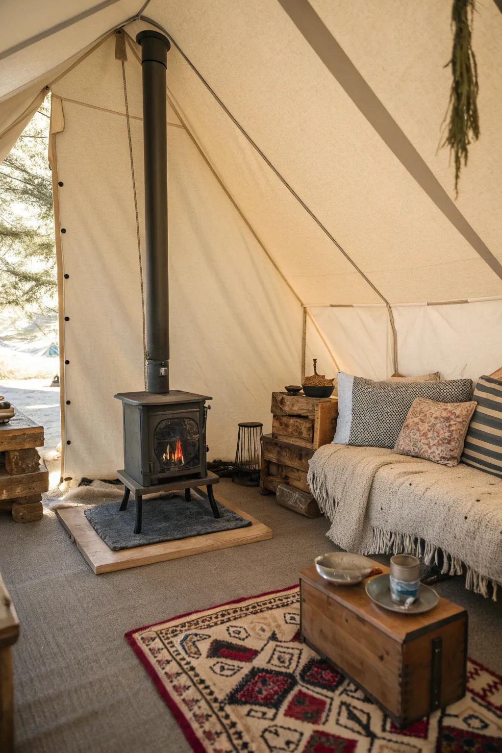 A wood stove adds warmth and charm to this wall tent interior.