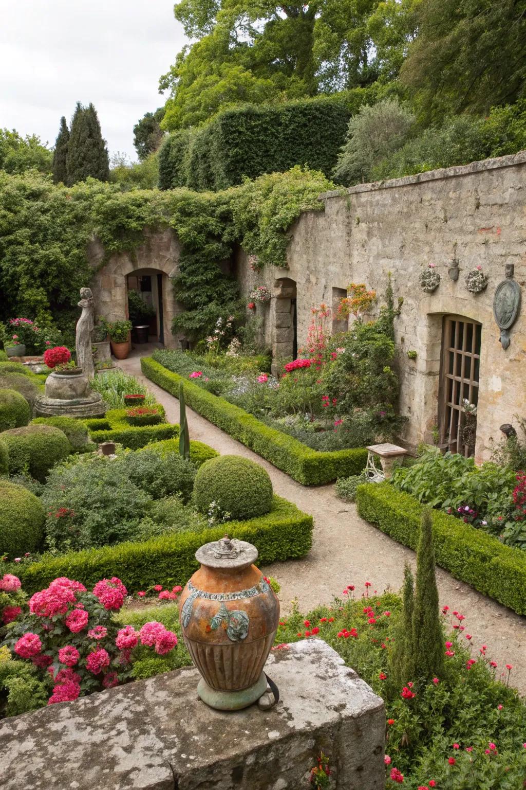 Artistic touches adding whimsy to the garden.