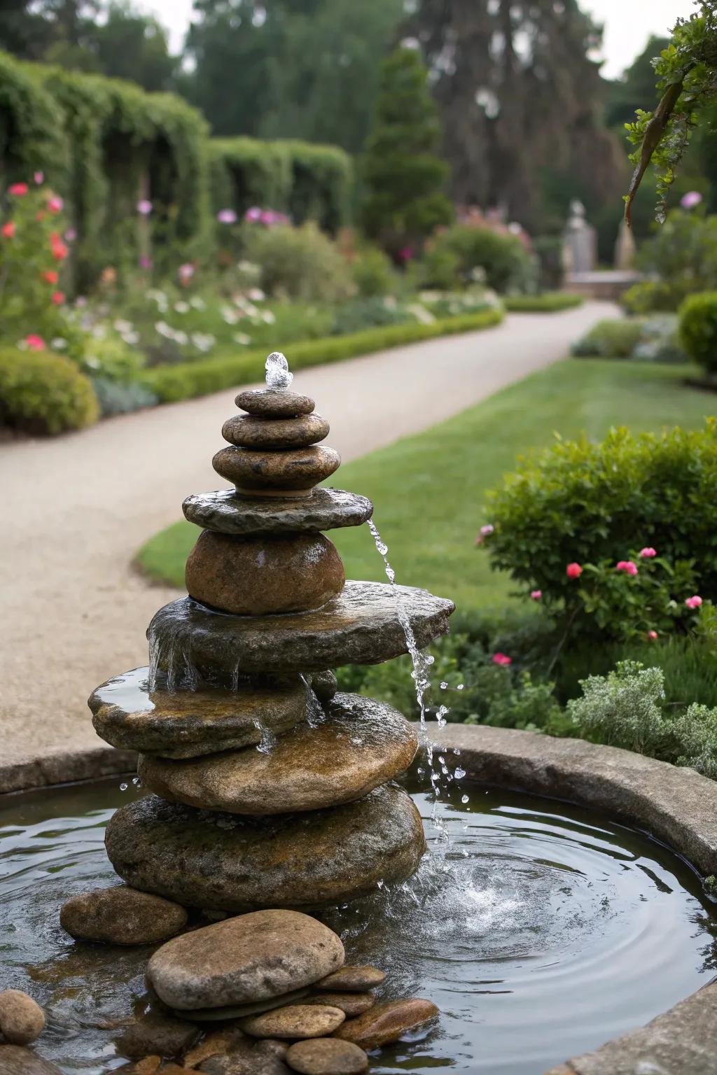 A stacked pebble fountain adds whimsy and charm to your outdoor space.