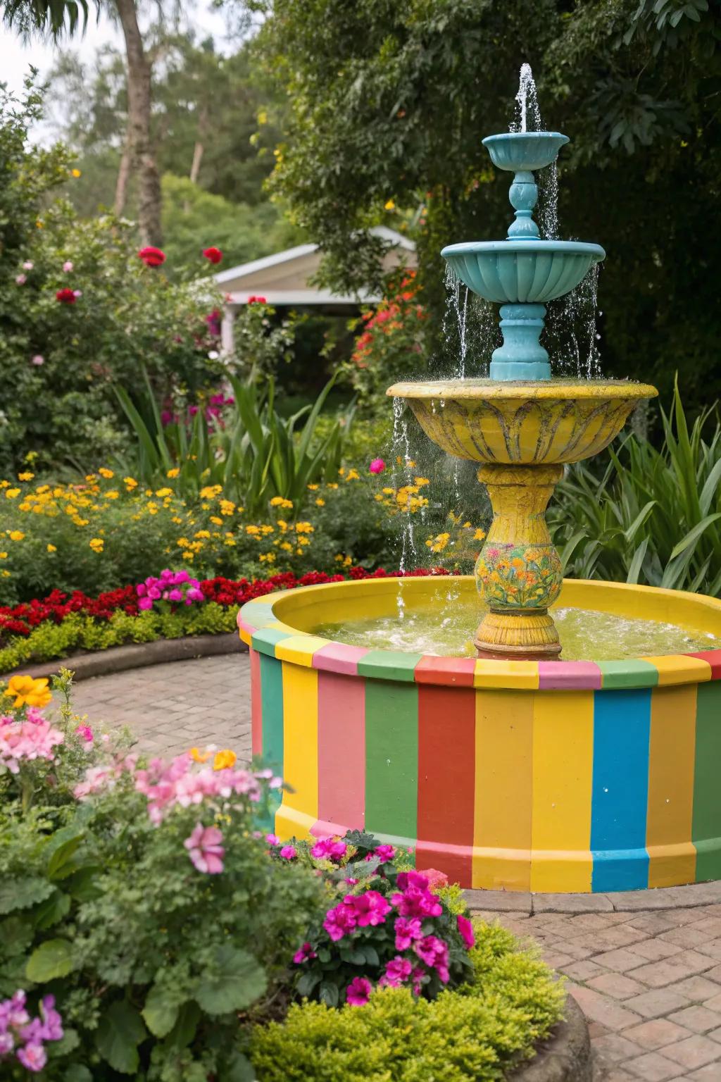 A colorful trough fountain adding vibrancy to the garden.