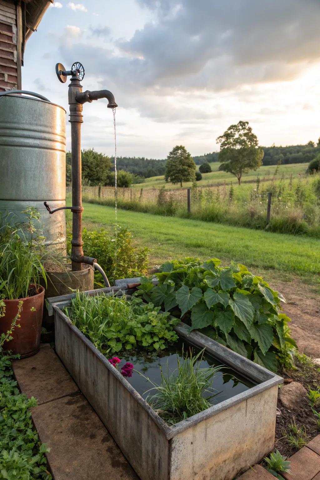 A water trough repurposed as a rainwater collector.