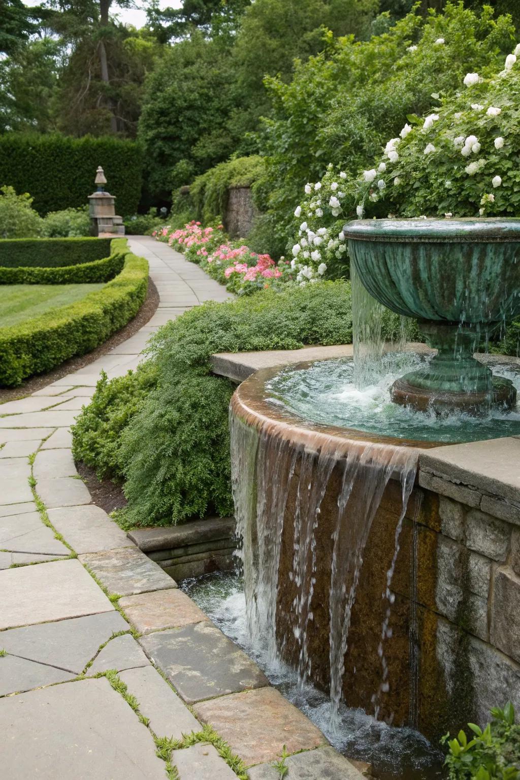 A copper spillway that adds vintage charm to the garden with its natural patina.