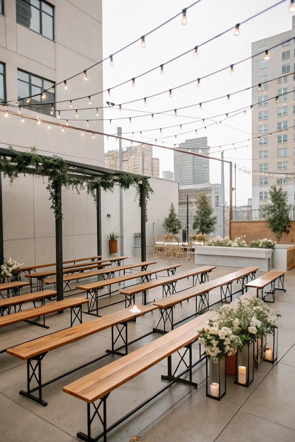 Benches with metal accents add an industrial edge to weddings.