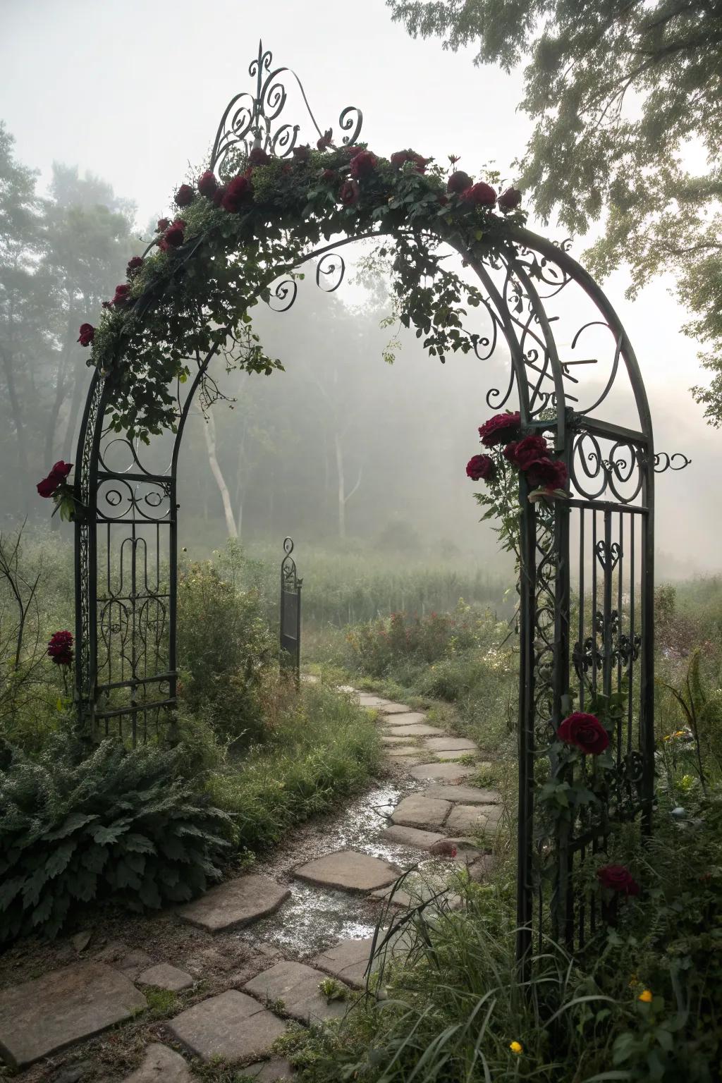 A gothic glam arch that sets a dramatic and enchanting scene with dark, rich tones.