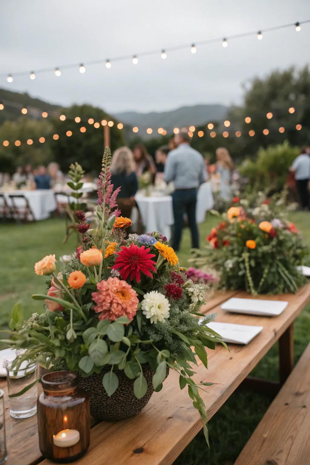 Enchanting garden-grown centerpieces bring natural beauty.