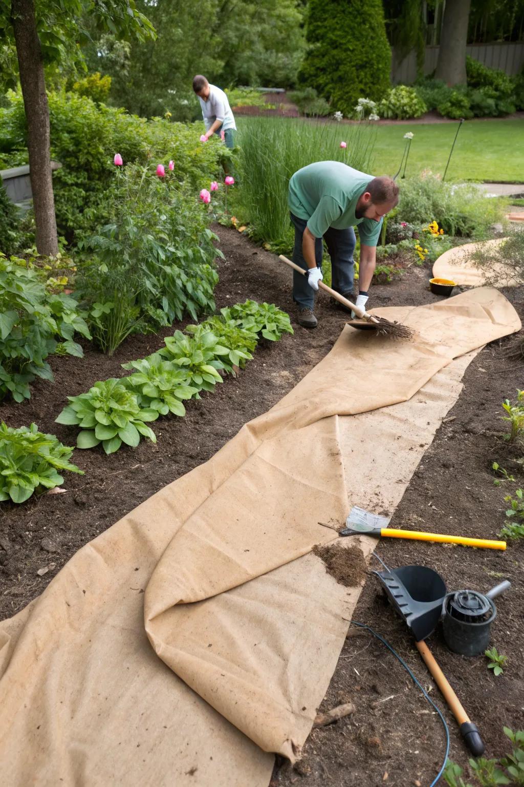 Landscaping fabric provides a solid defense against weeds.