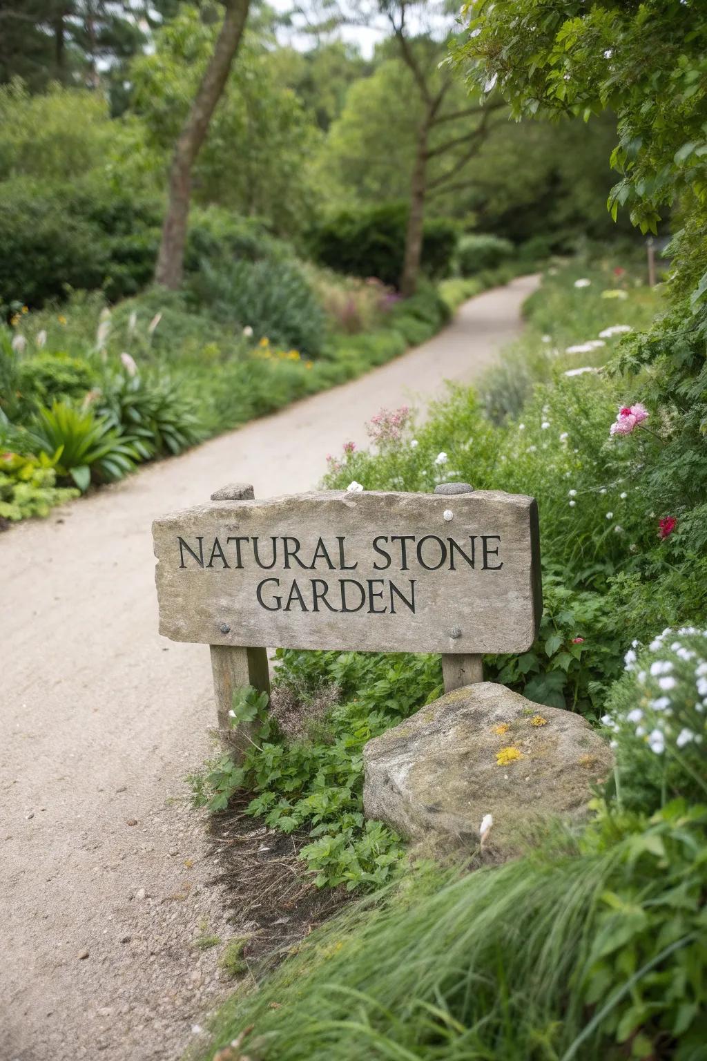 A natural stone garden sign with engraved lettering, offering elegance and durability.
