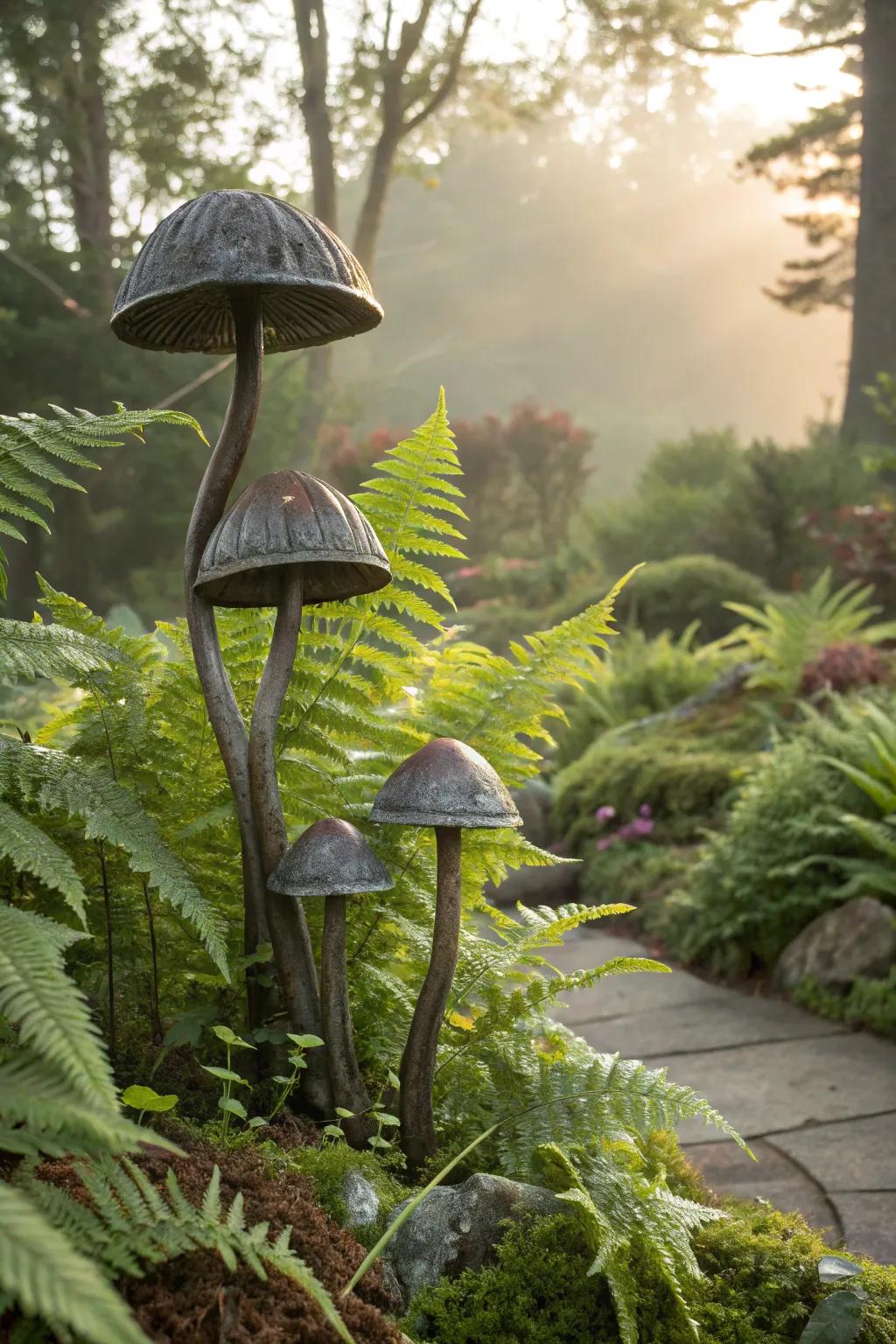 Metal mushrooms add a fairy-tale vibe.