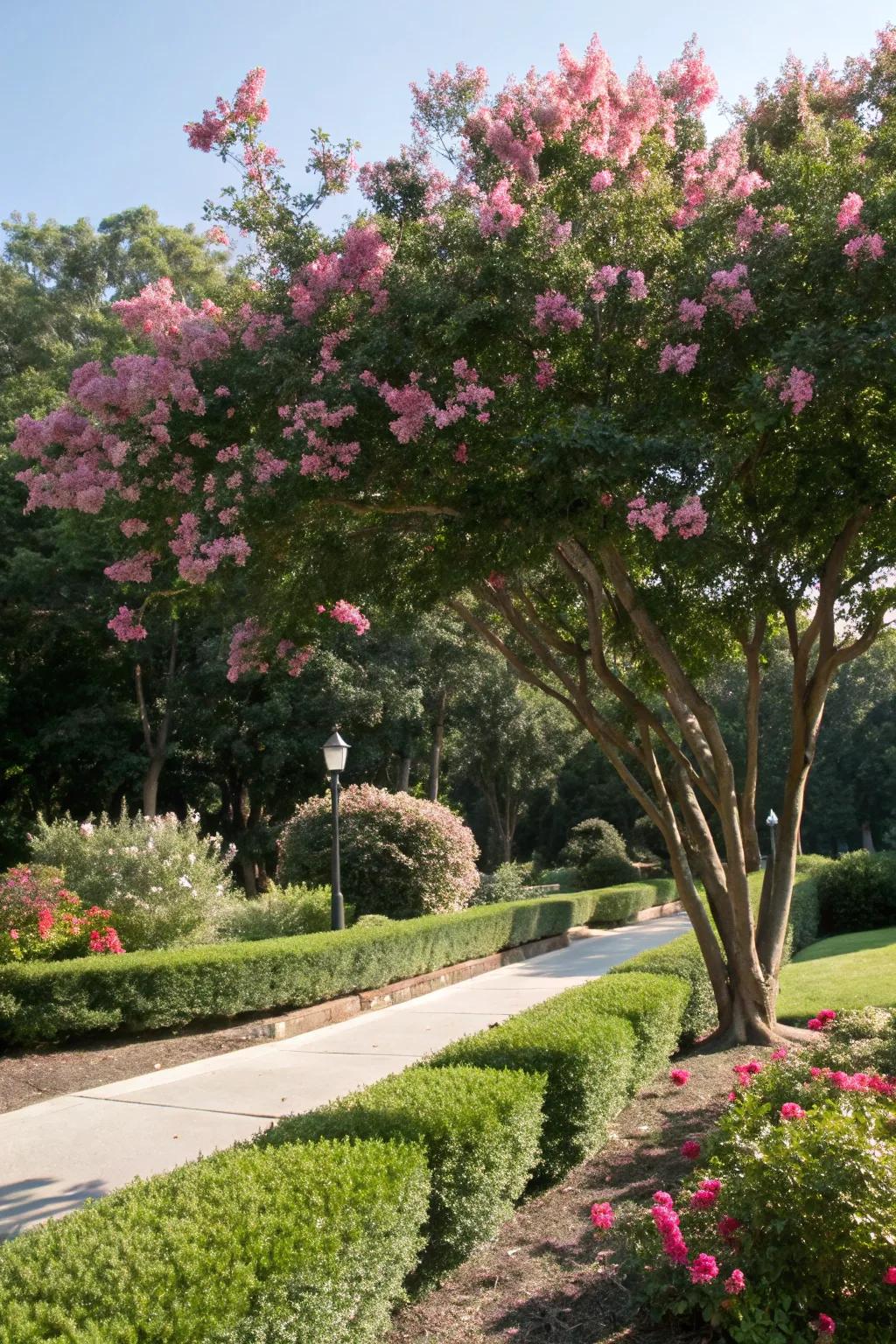 Crepe myrtle offering shade and beauty in a west-facing garden.