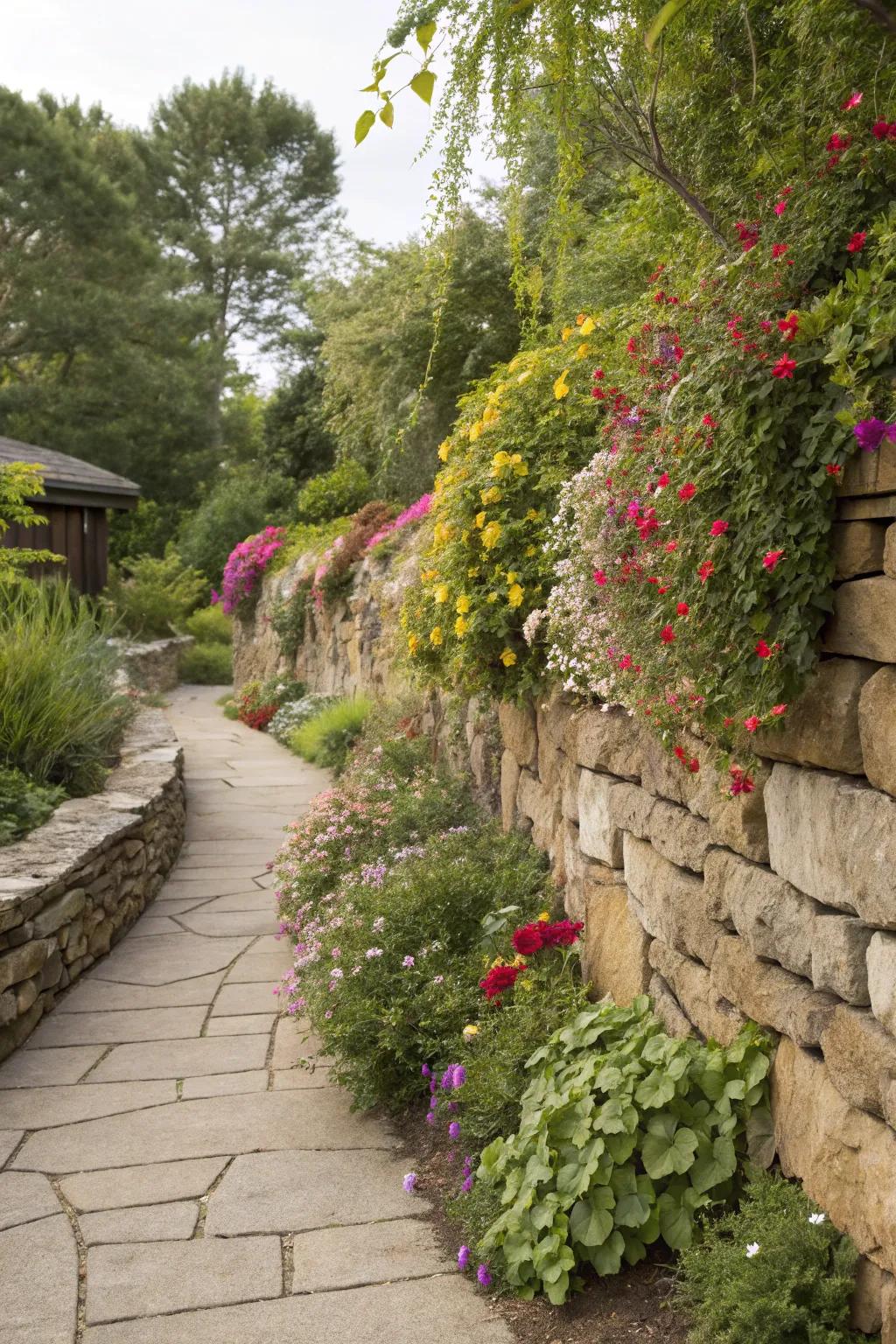 Stone walls provide structure and rustic appeal to a western-style garden.