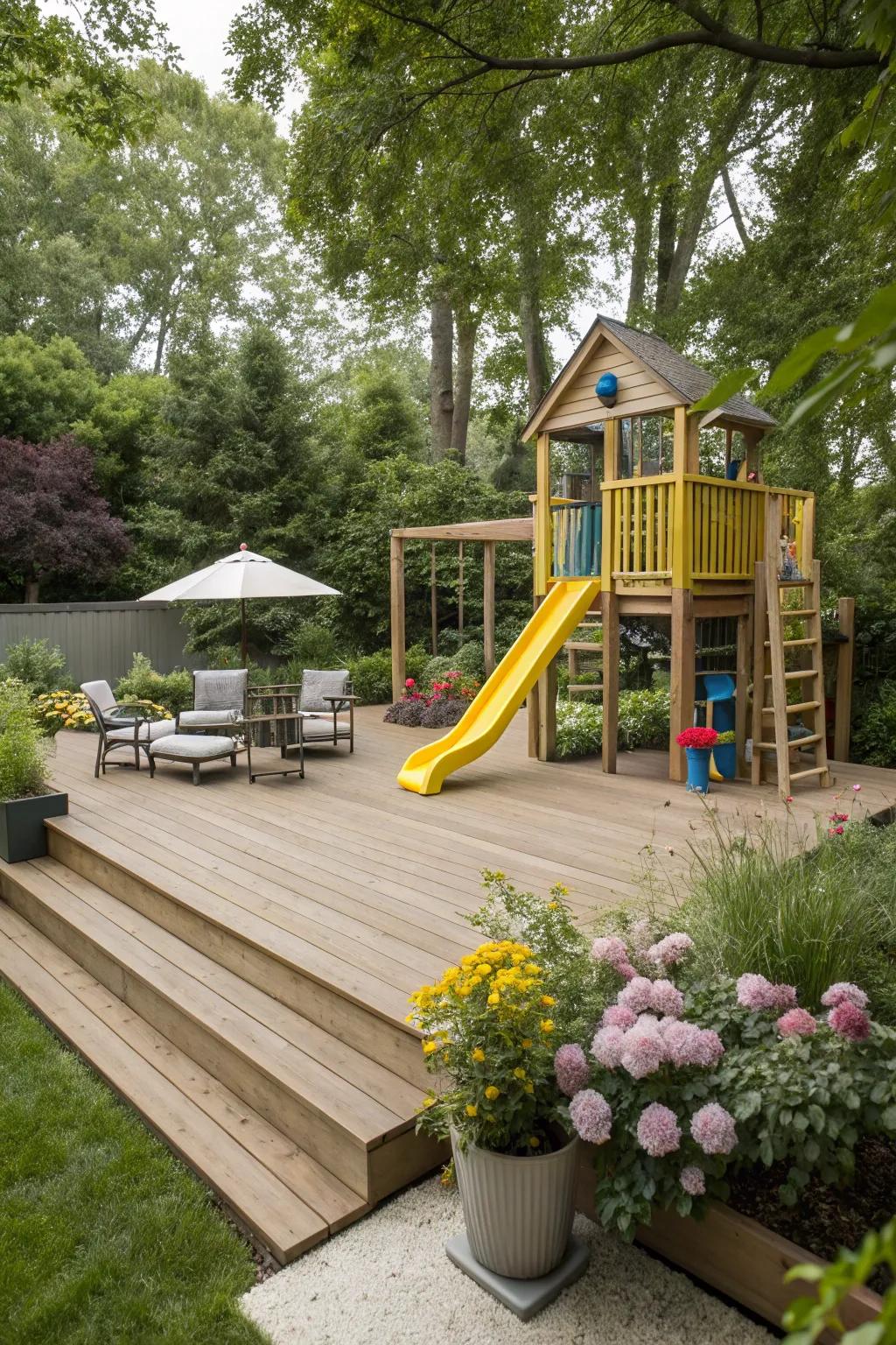 A wooden deck base adds modern style to your play area.