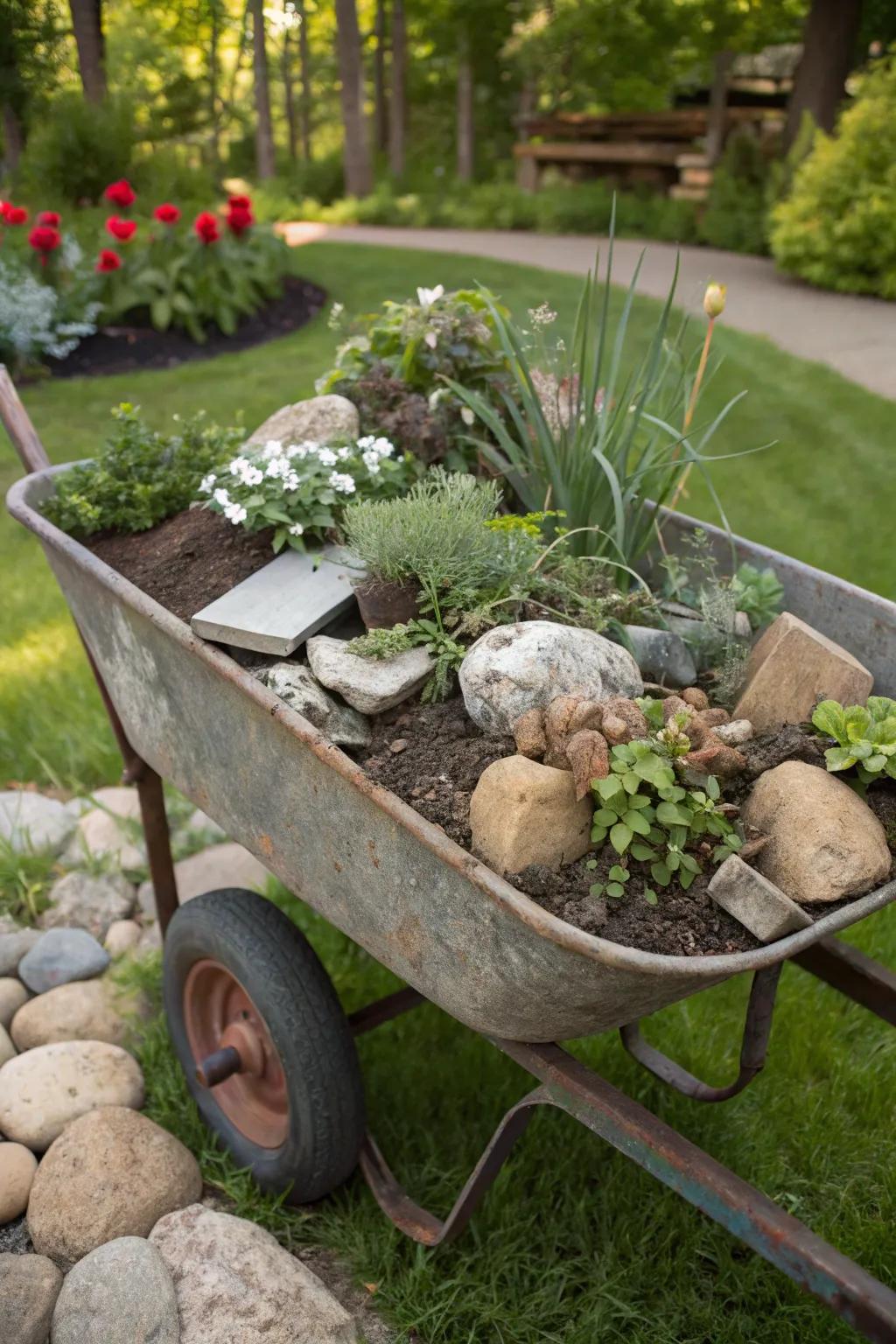 A mixed media masterpiece in a wheelbarrow adds garden intrigue.