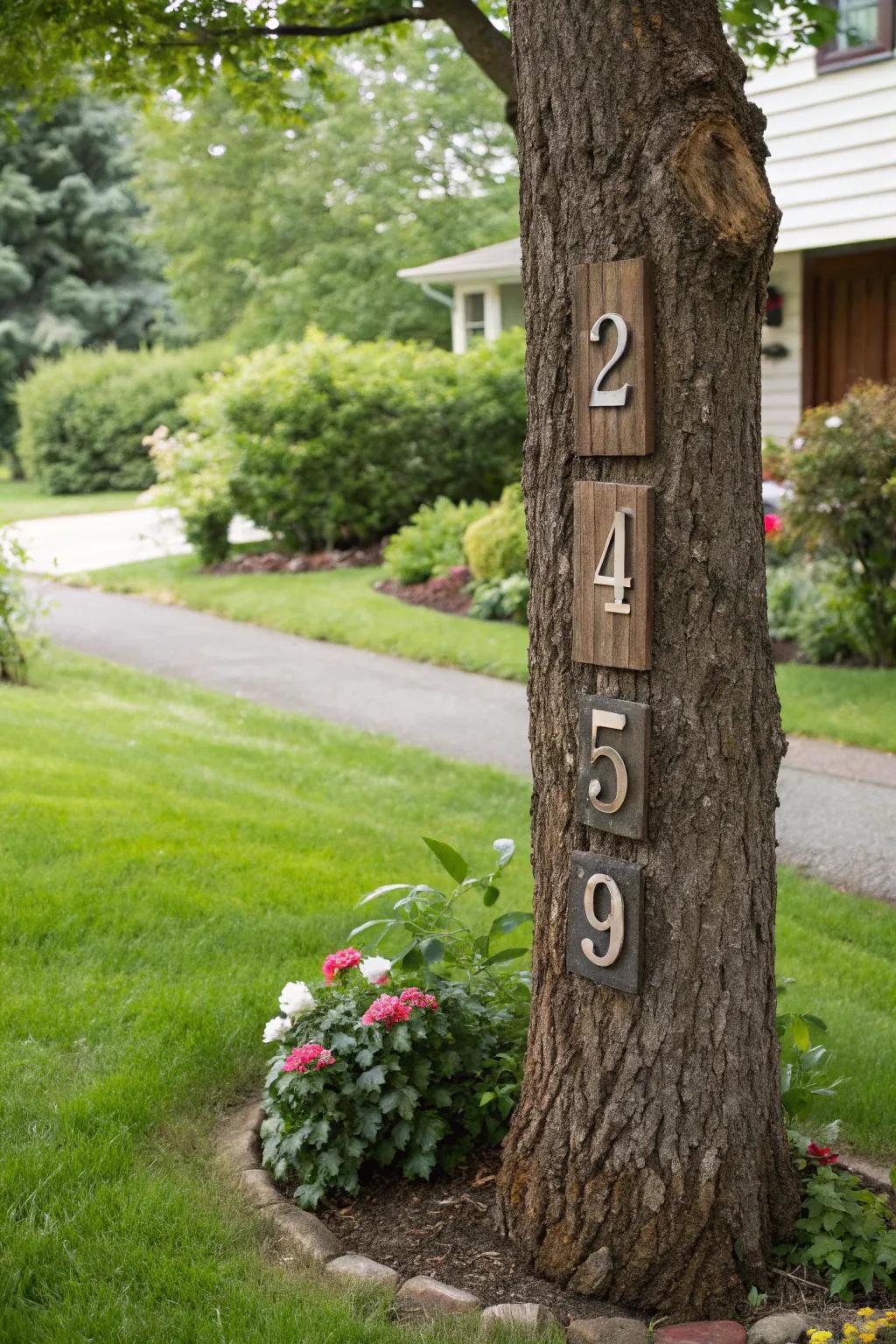 House numbers mounted on a tree trunk.