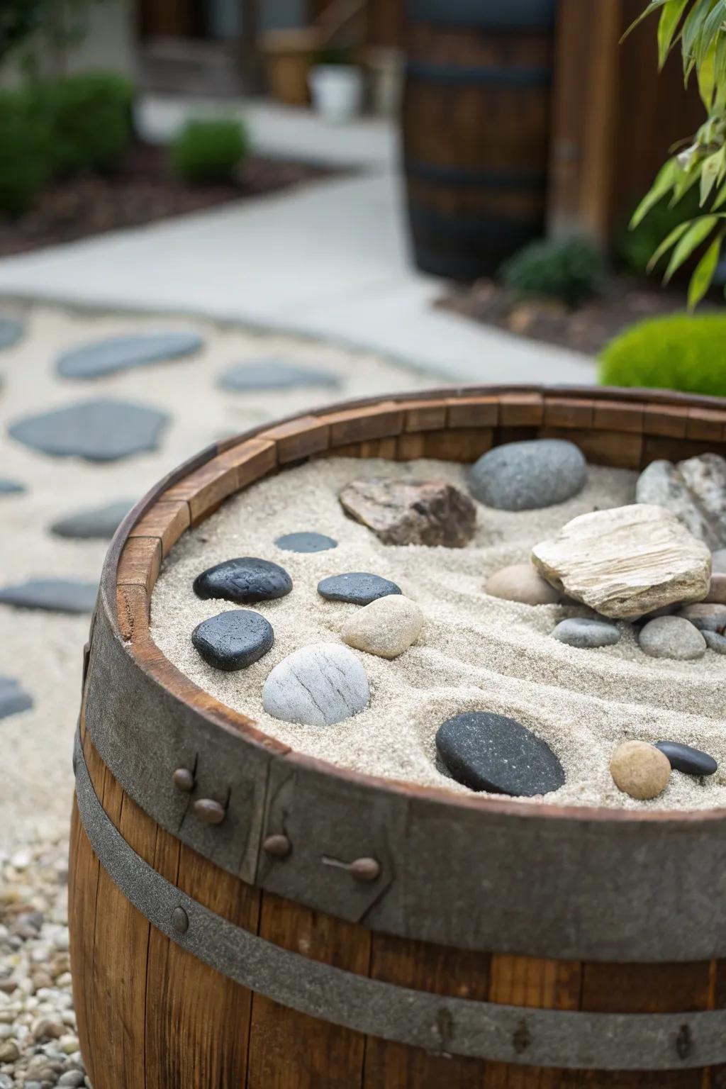Create a calming Zen garden in a whiskey barrel.