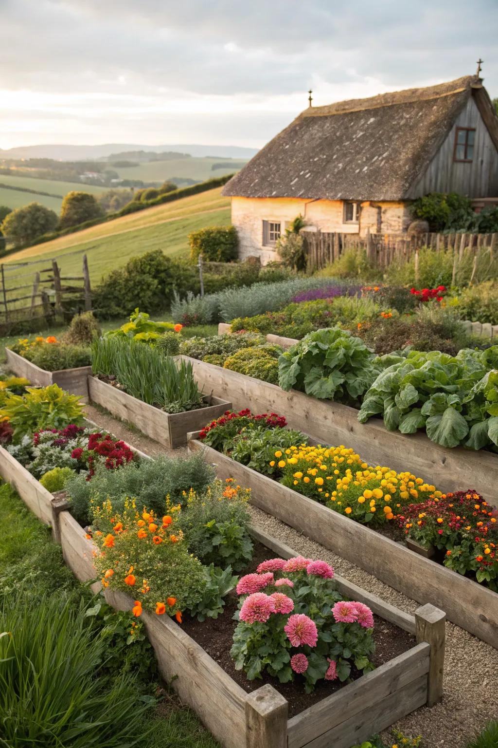 Raised beds adding structure and functionality to the farmhouse garden.