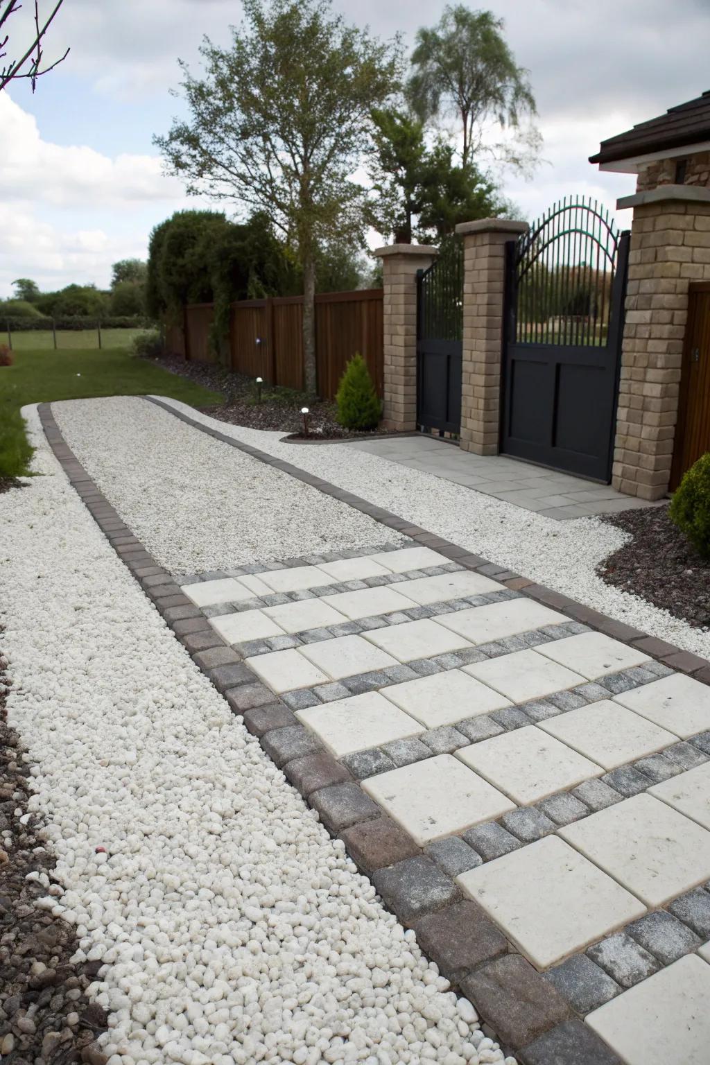 Layered textures with mixed materials on the driveway.