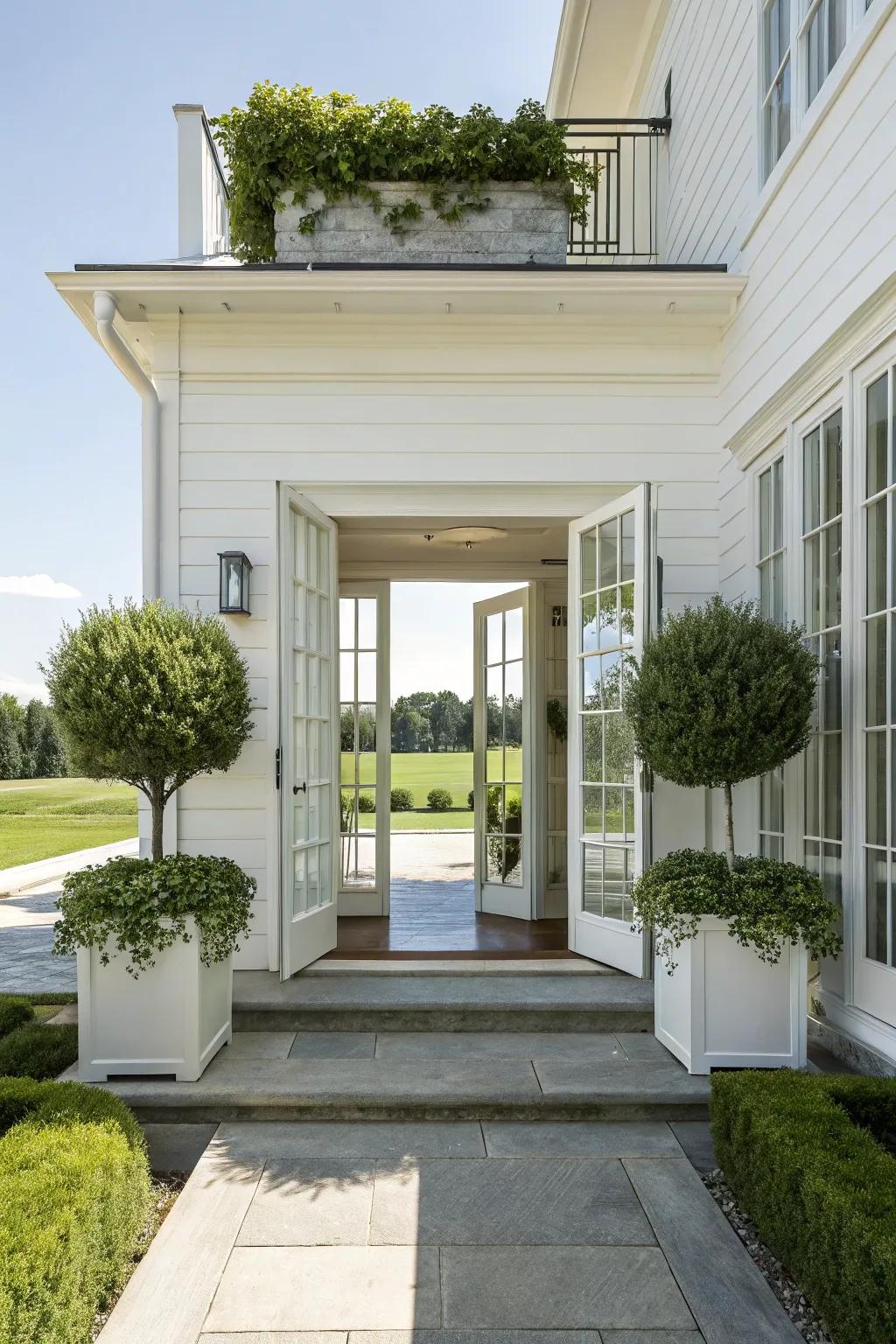 A white home with a sleek modern entryway, setting a stylish and inviting tone.