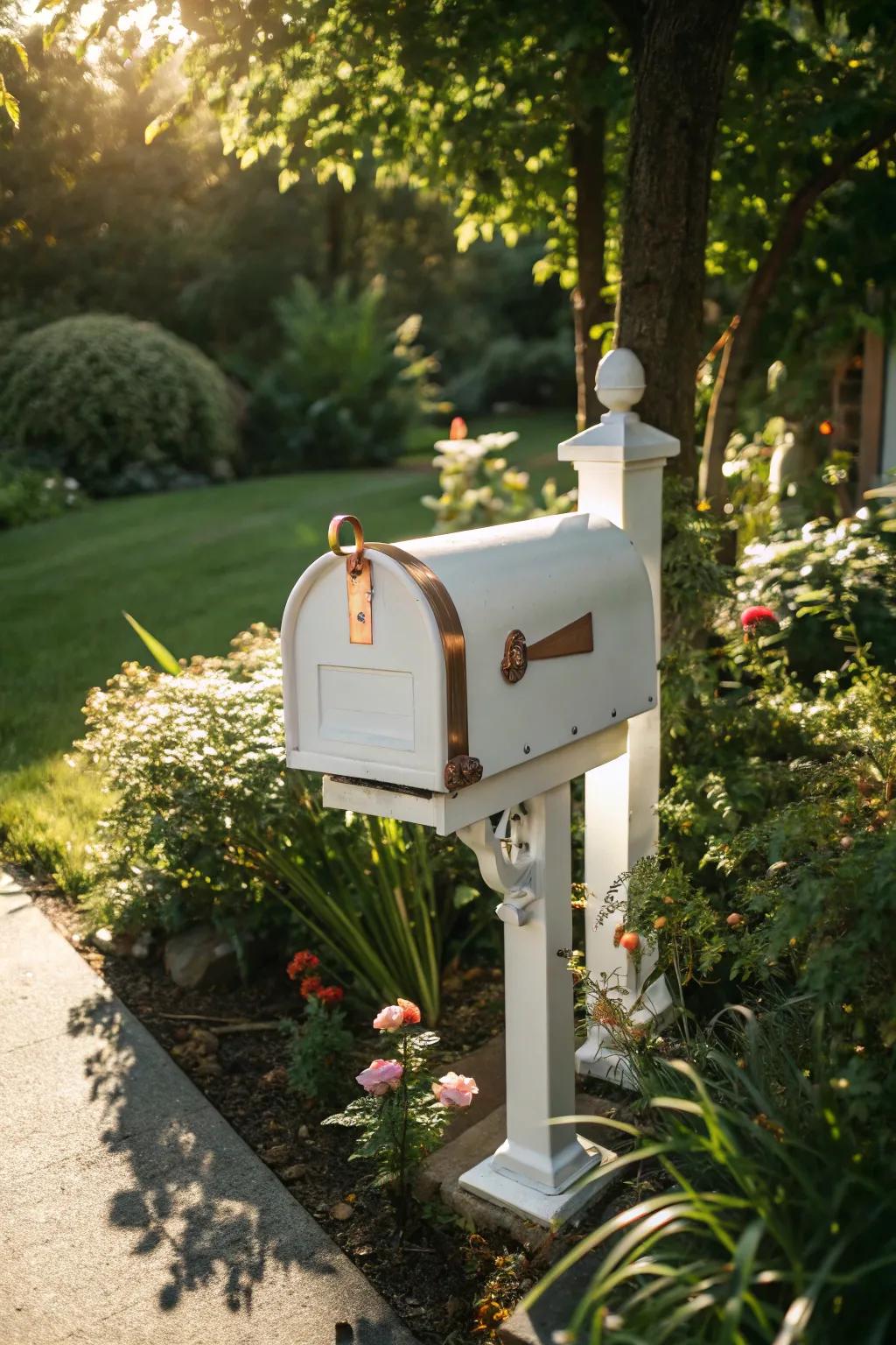A white mailbox with copper accents adds warmth and sophistication to the garden.