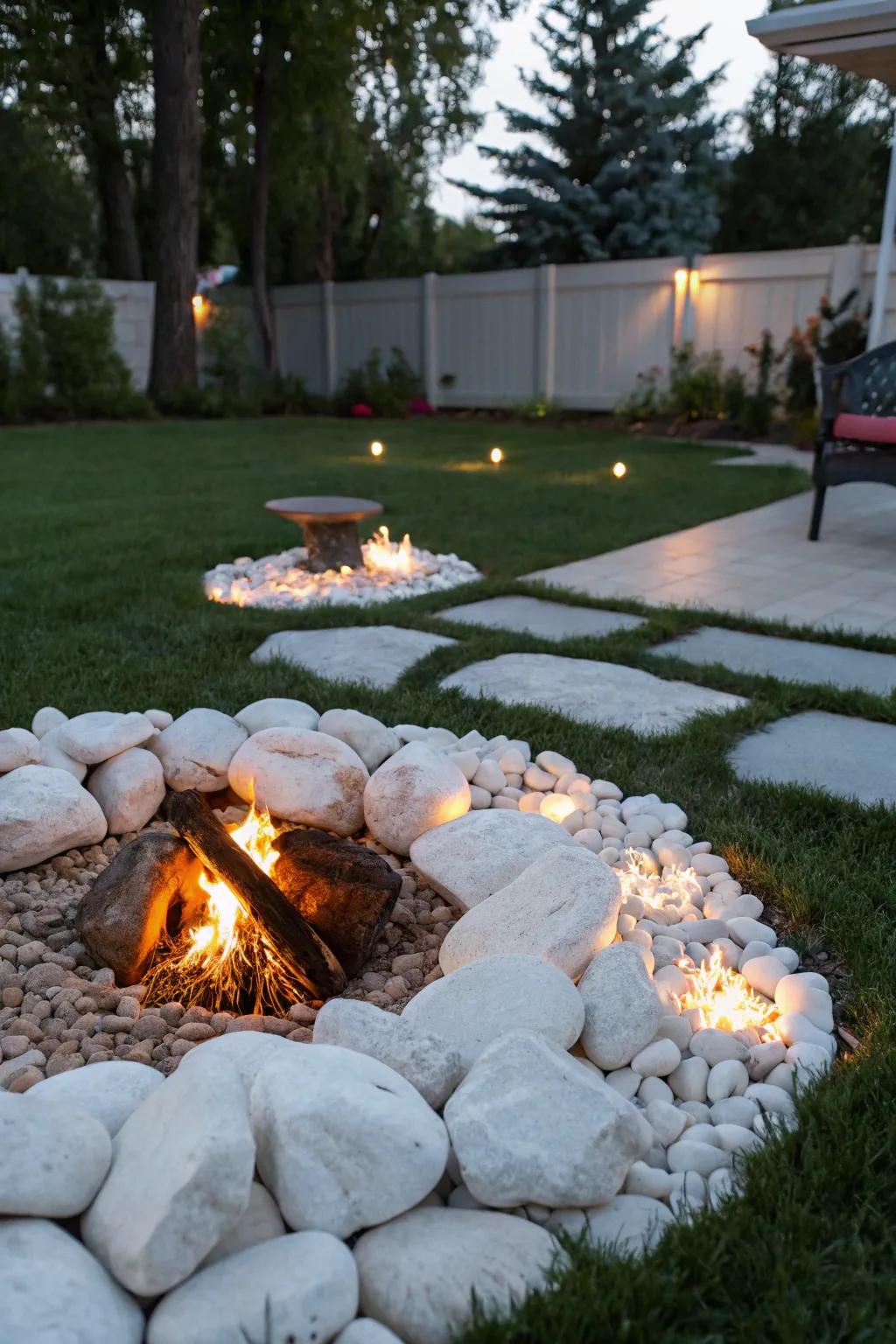 Warm up with a fire pit surrounded by marble elegance.