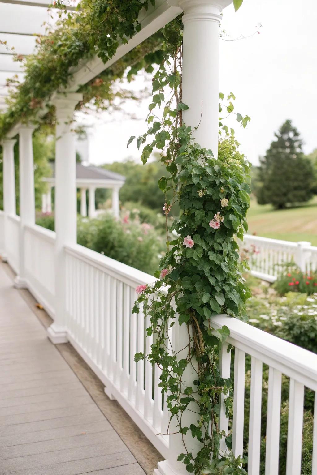 A trellis design supports climbing plants, merging nature with architecture.
