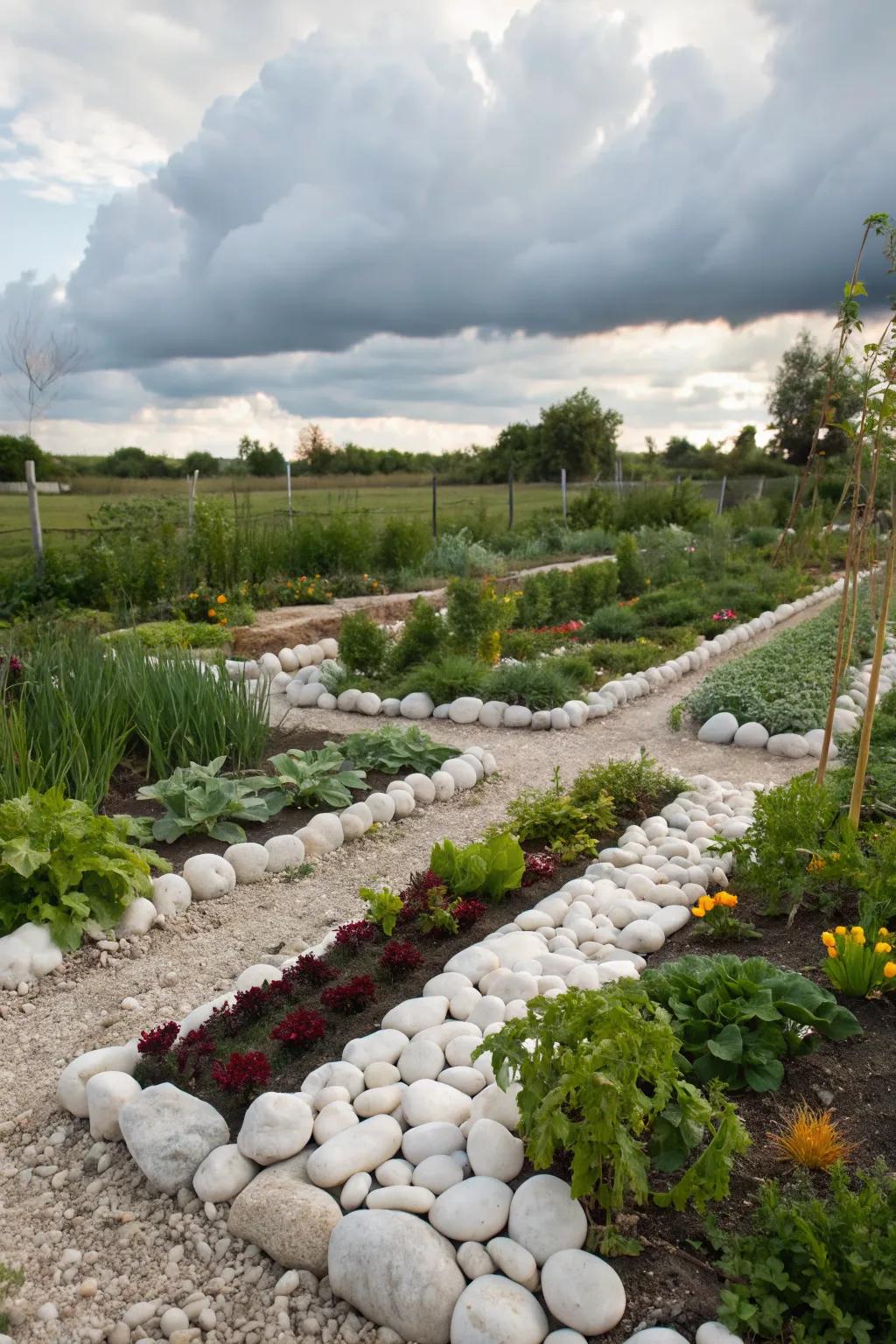 Structured paths made with white rocks in an edible garden.
