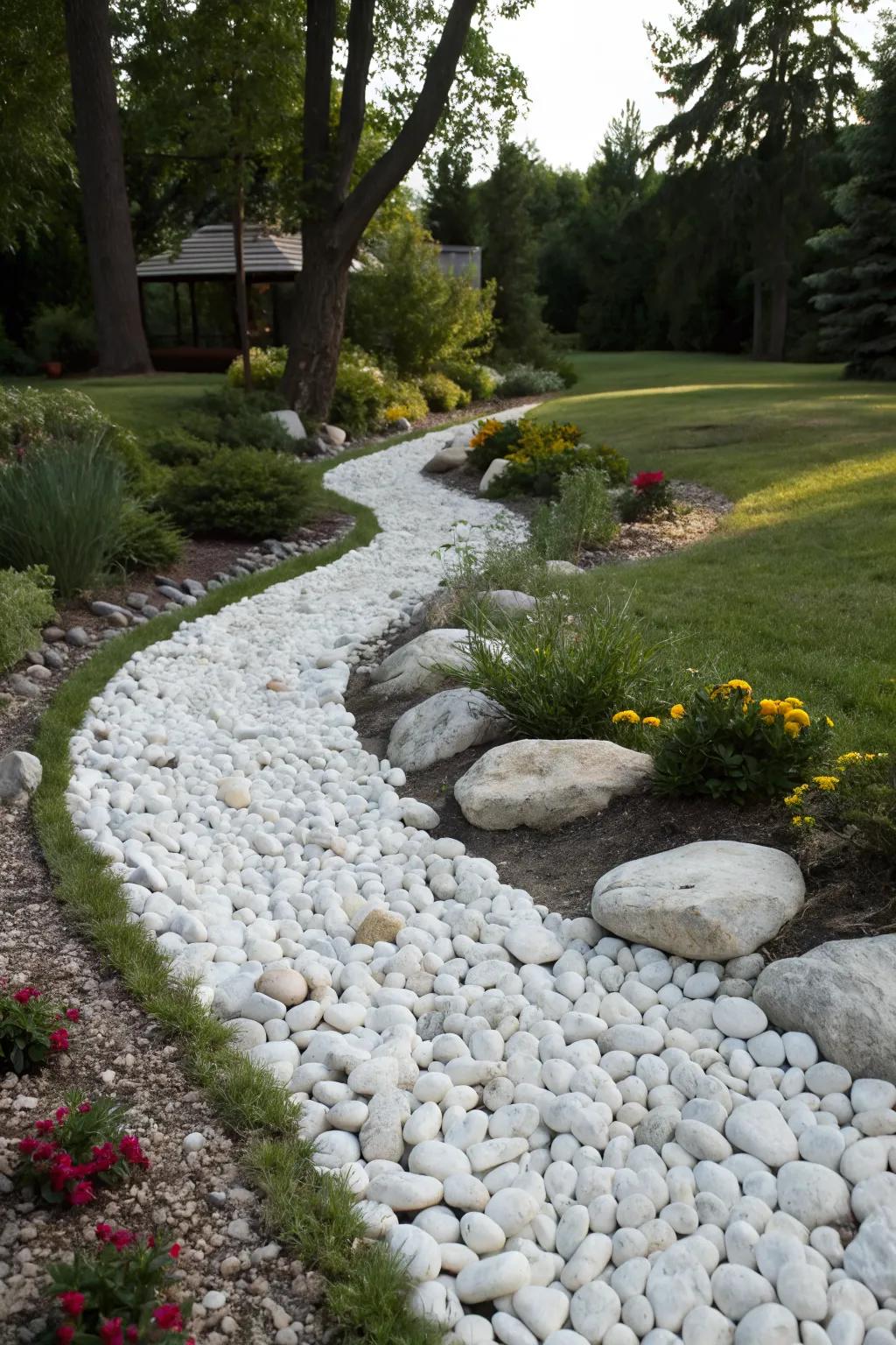 A dry creek bed of white stones adds a dynamic element to your garden.