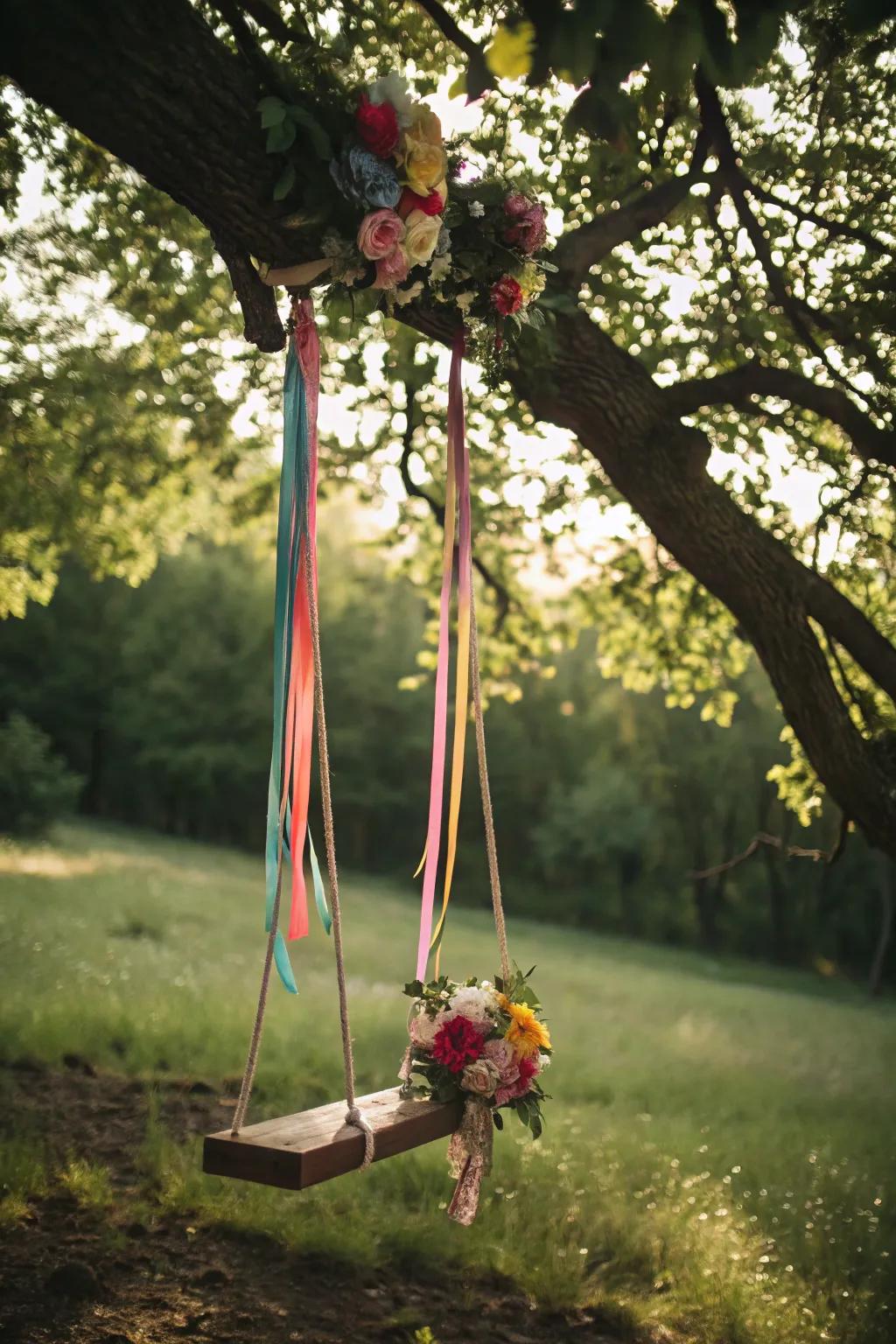 A tree swing adding playful charm to the wild garden.