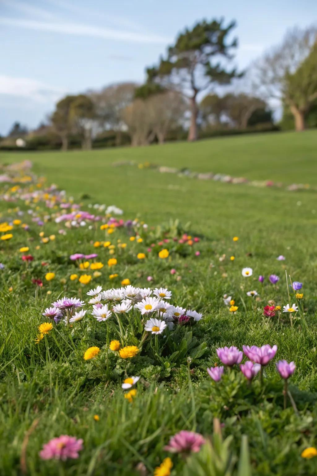 Wildflower islands adding dynamic interest to the lawn.