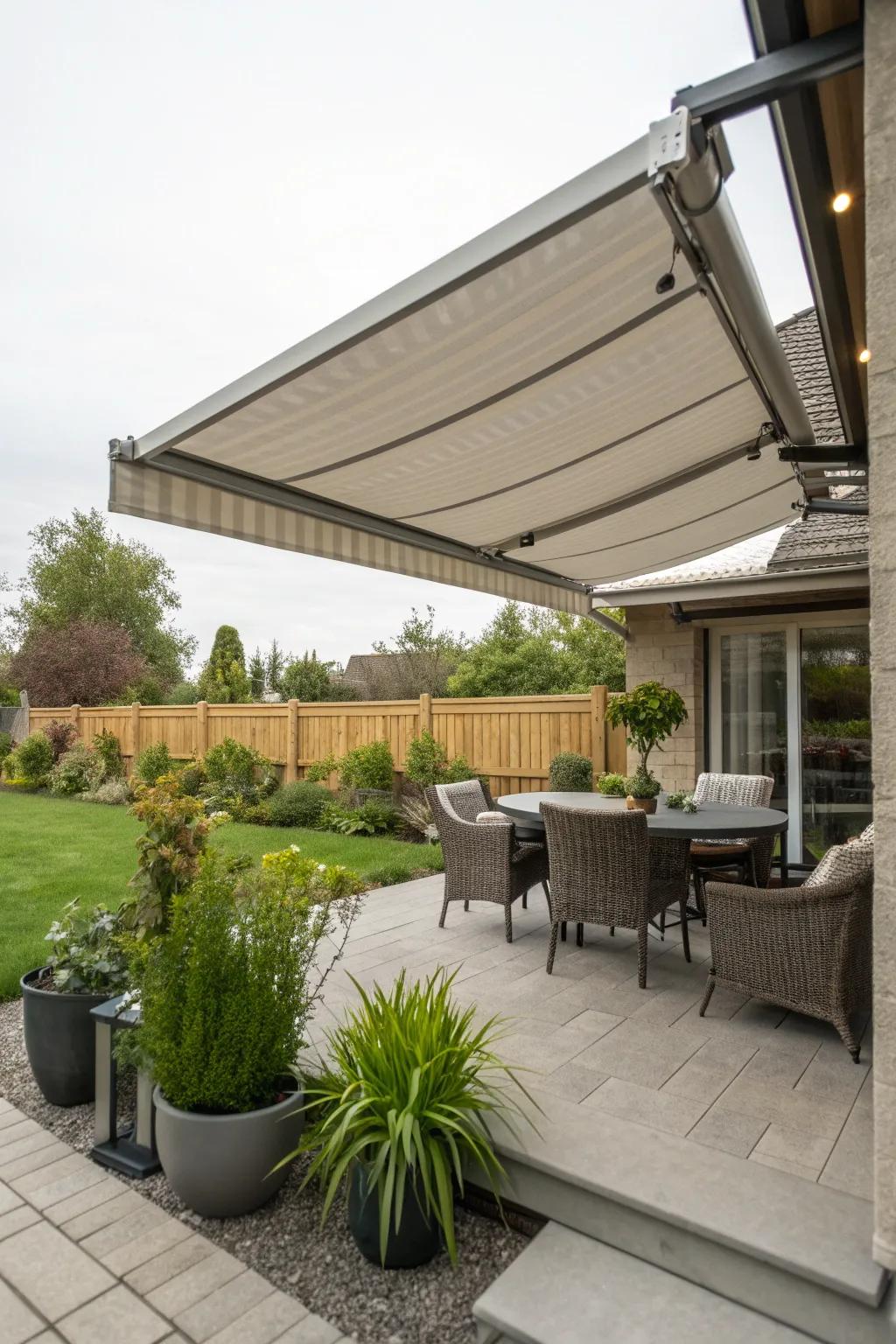Retractable awnings offer flexibility for sun and wind.