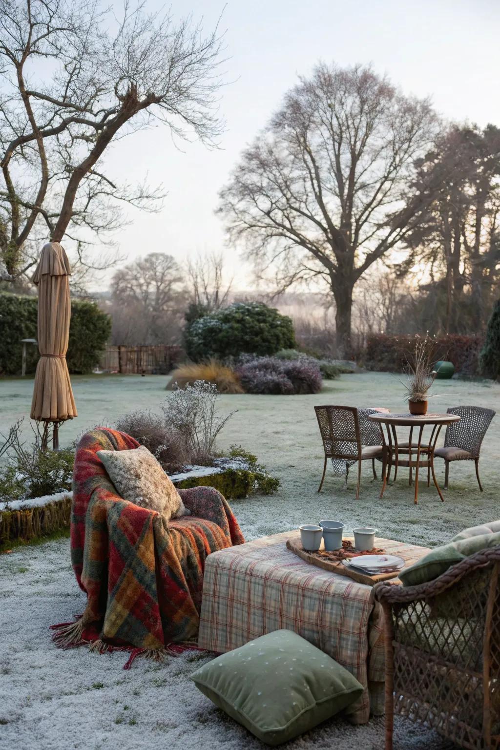 Layering with textiles adds warmth and comfort to your outdoor space.