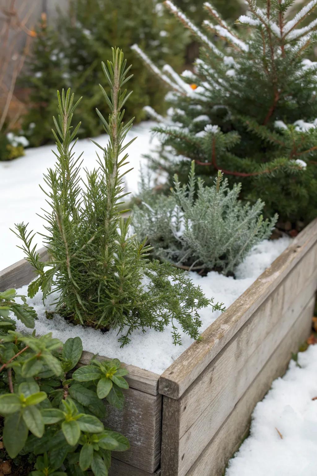 Herbs add aromatic delight to winter arrangements.