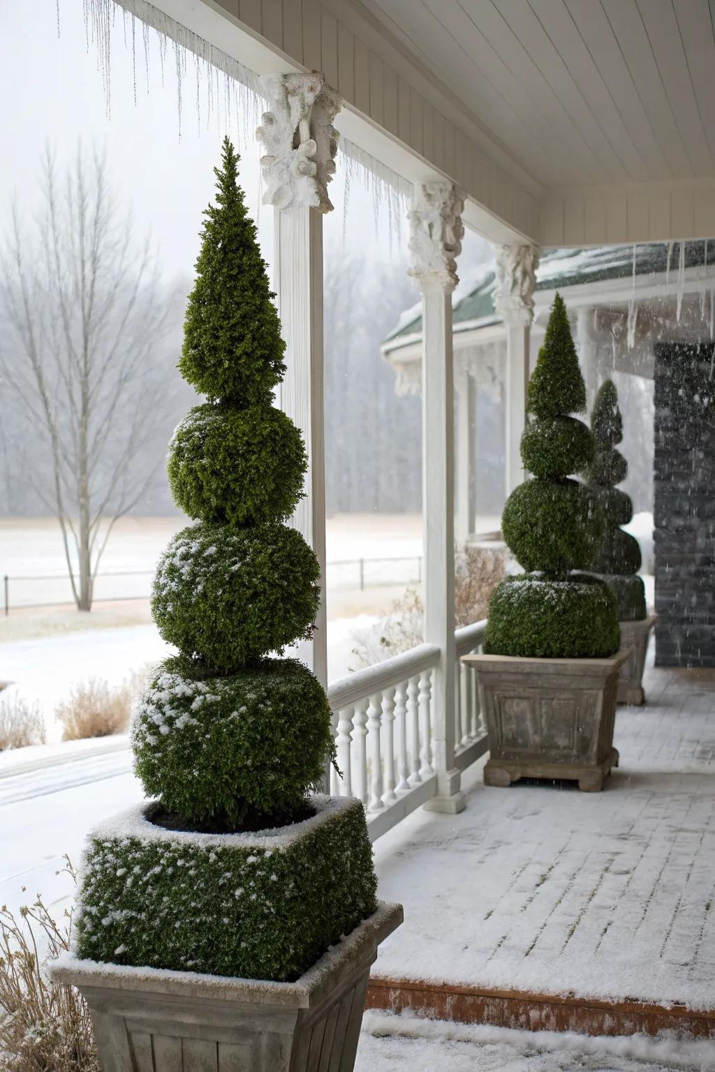 Topiary-style greenery adds sophistication to a porch.