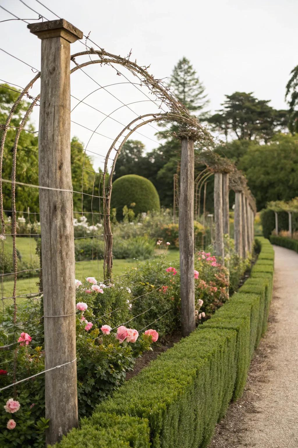 Elegance with arched wood posts and wire mesh.