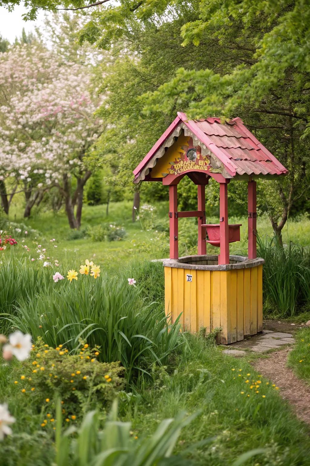 A brightly colored wishing well adds a playful touch to the garden.