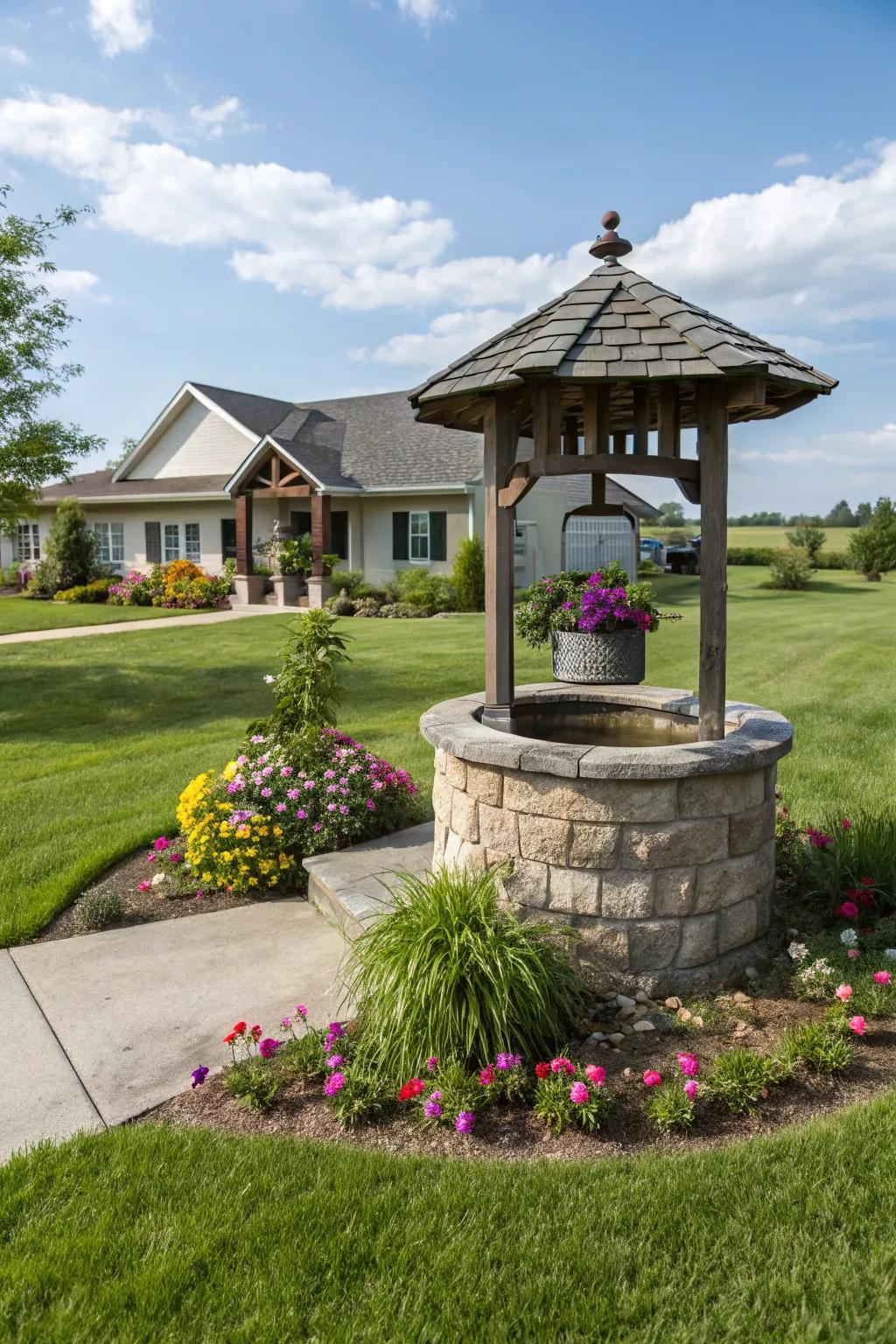 Front yard wishing wells increase curb appeal.