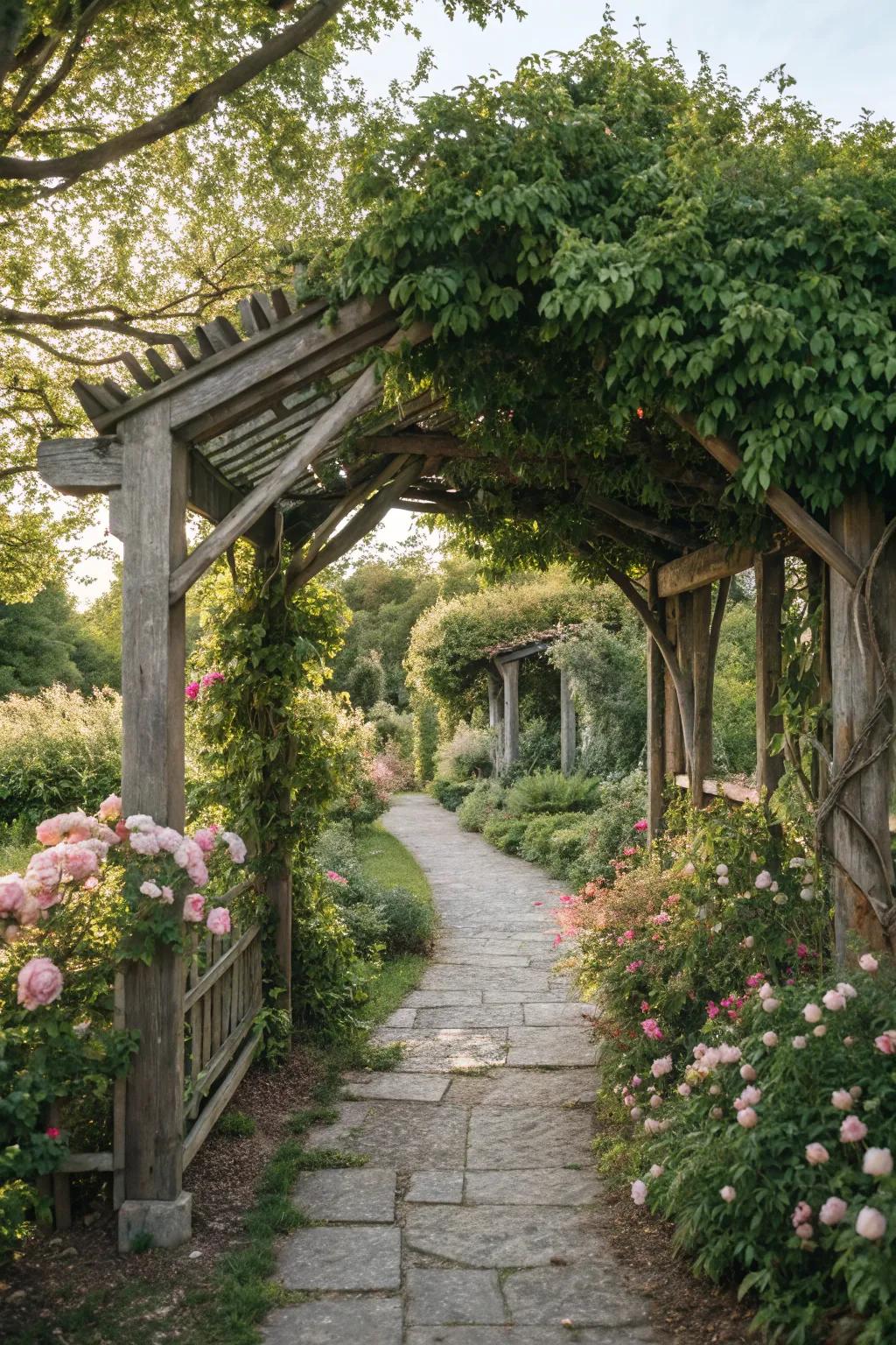 Cottagecore wooden arbor creating a storybook garden atmosphere.