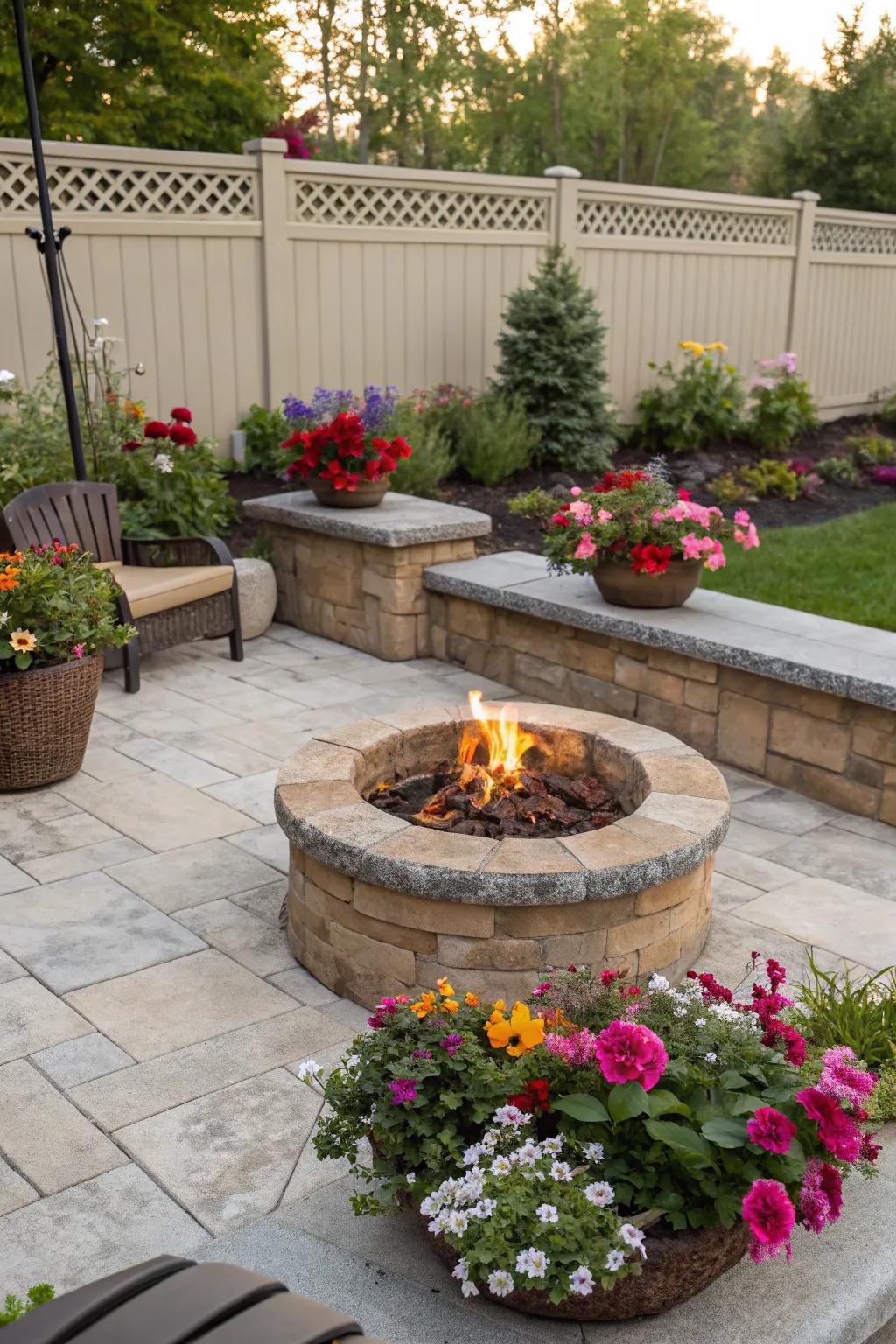 Integrated planters offer a natural touch to a fire pit.