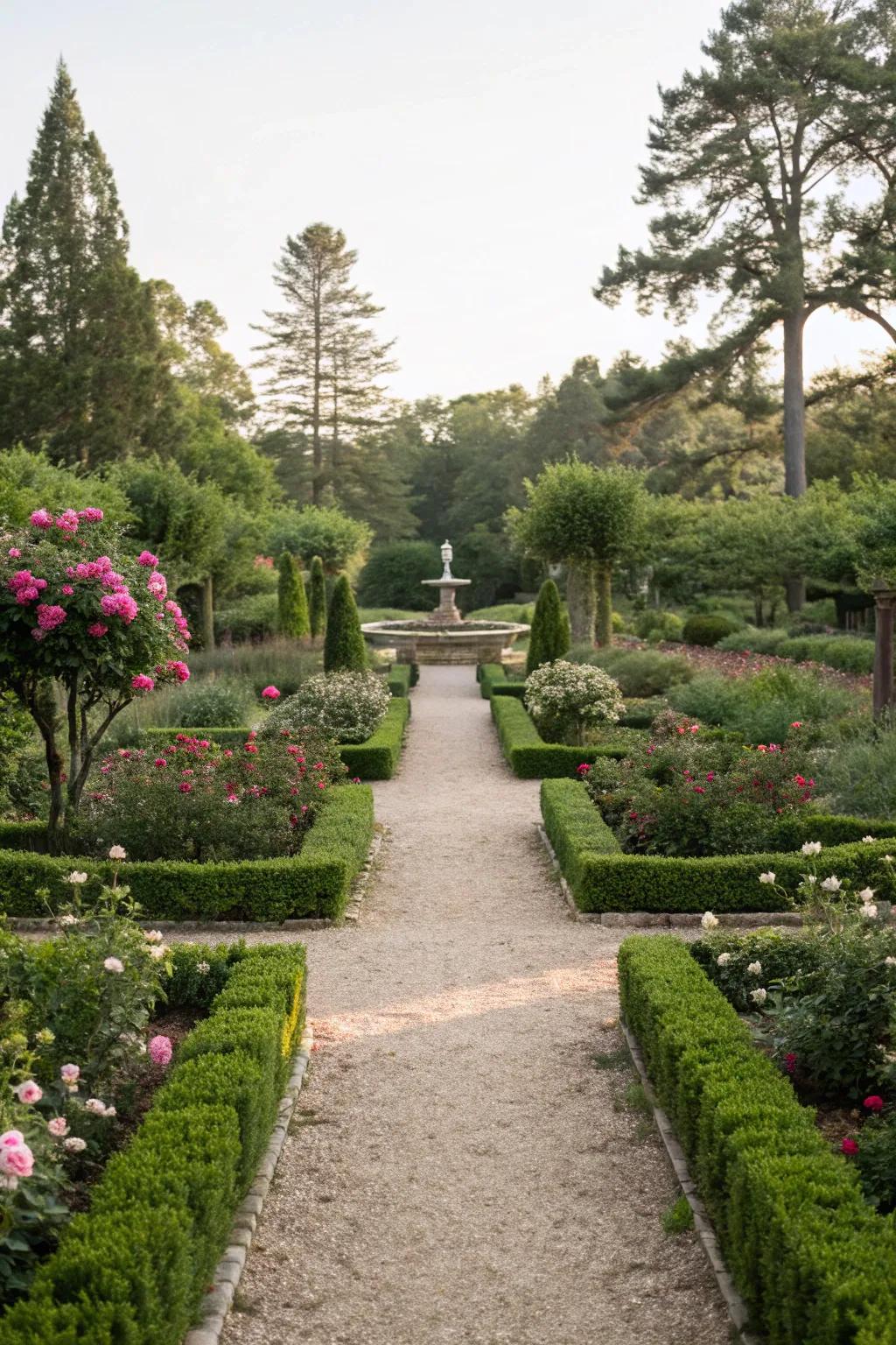 A formal garden softened with wood chip paths.