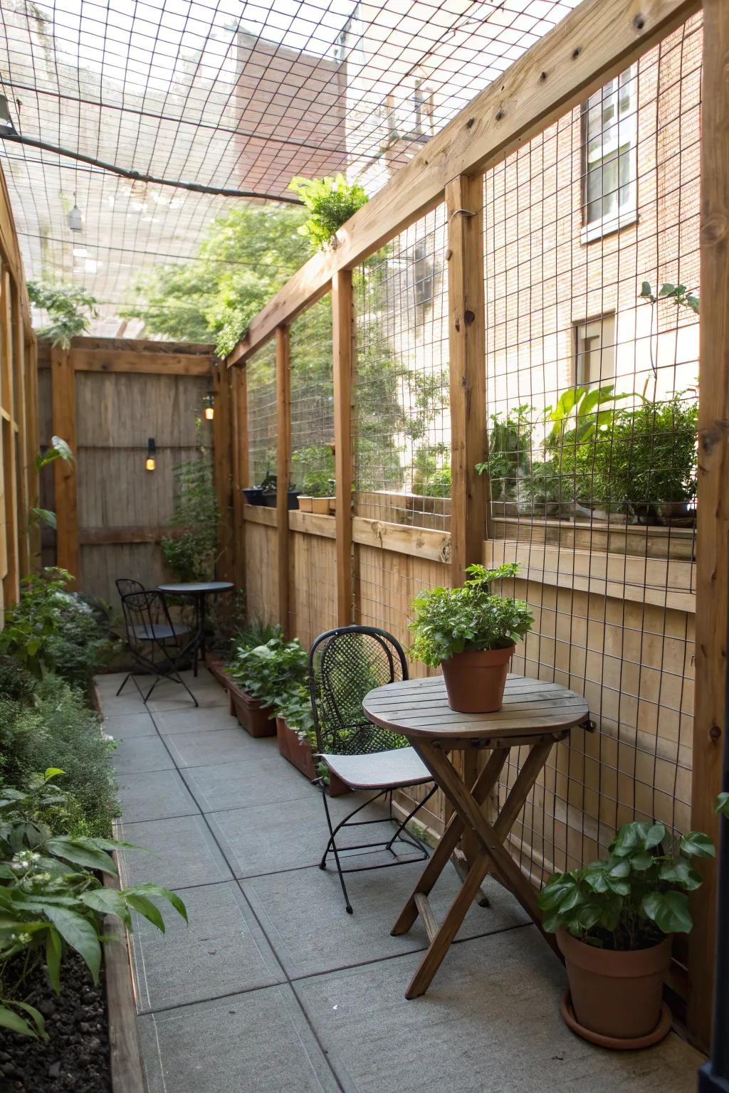 Wood and wire mesh fence creating a cozy courtyard enclosure.