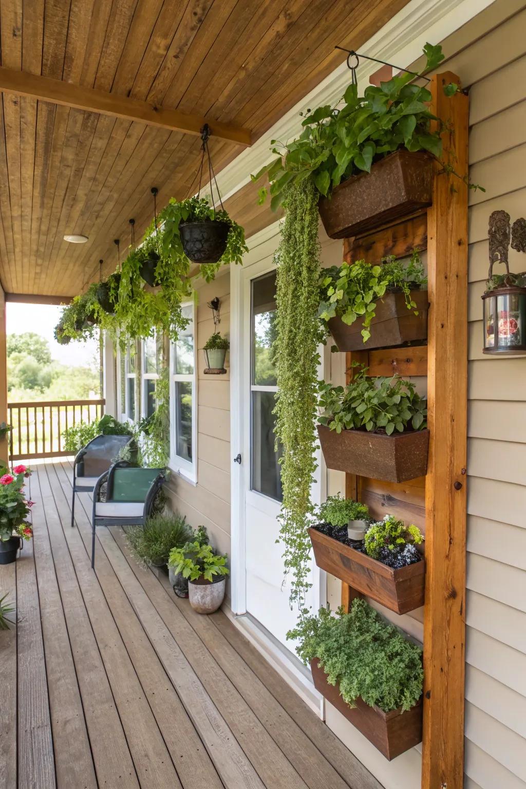 Vertical space is cleverly used on this compact porch.
