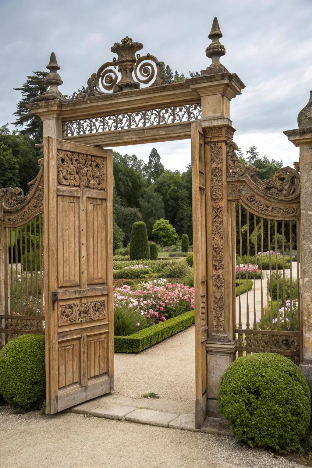 A wooden gate with artful carvings, transforming it into a garden masterpiece.